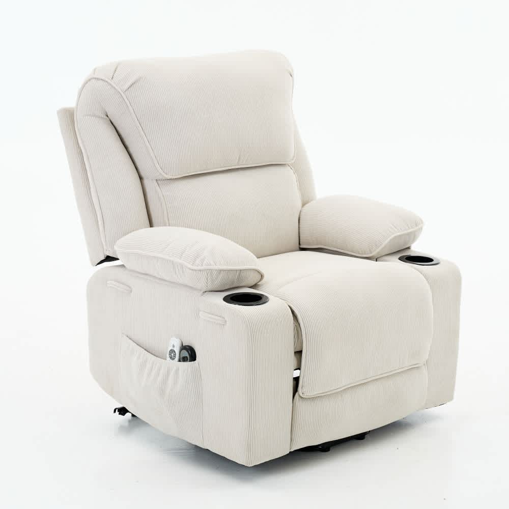 Coolbibila LYRA-RECLINER-IVORY Ivory Corduroy Power Lift Recliner Chair with Heat and Massage Remote Control for Senior Living Room