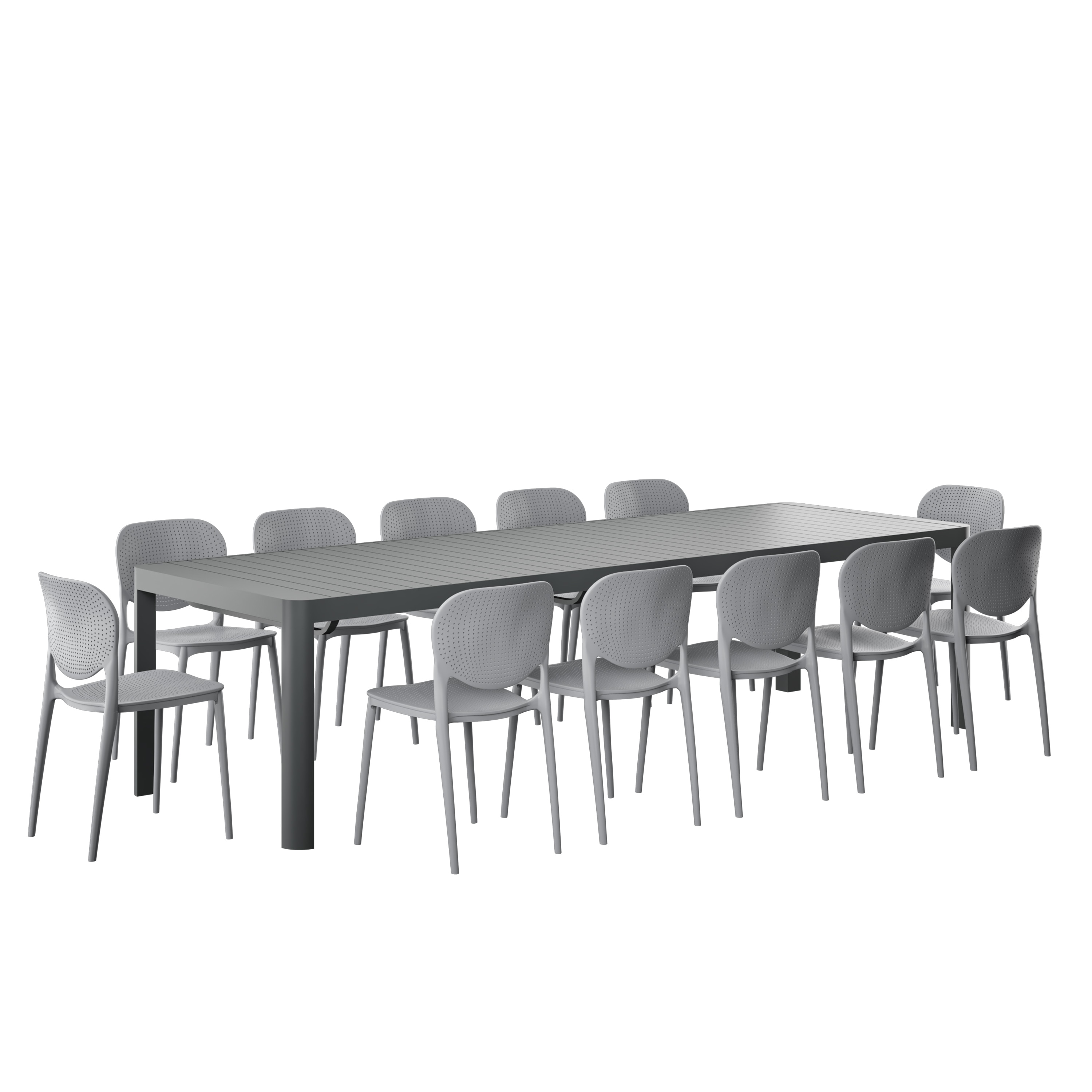 Amazonia LWS-CALEXTGR-12ISAGR 13 -Piece Gray Patio Dining Set Extendable Table Aluminum Rectangle Table with 12 Stackable Stationary and Motion Chairs
