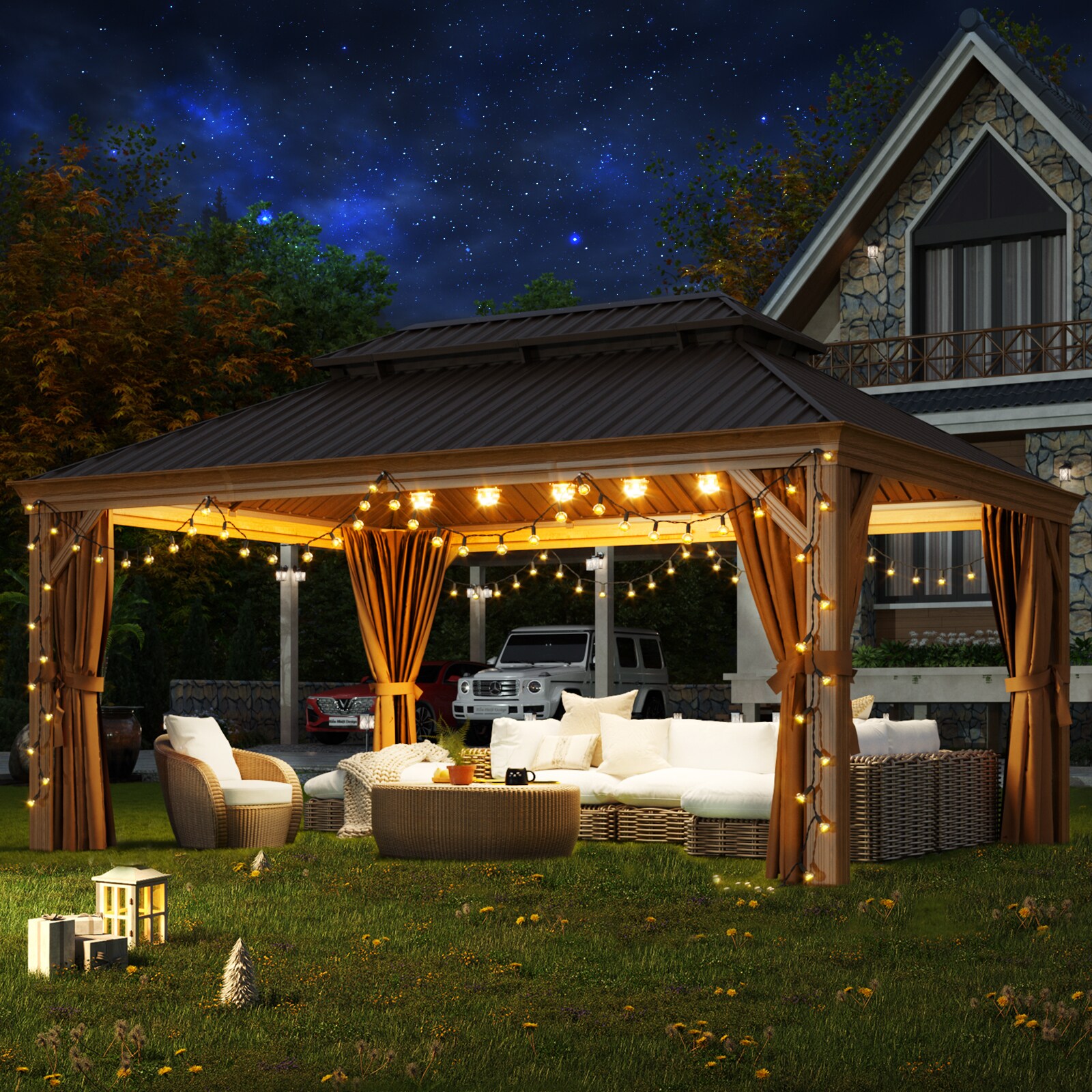 AOXUN 16-ft x 12-ft Metal Gazebo Rectangle Brown Metal Steel Roof ...