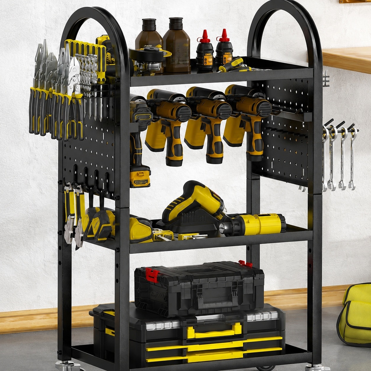 LAIFUCAM  Power Tool Organizer Cart with Drawer Heavy Duty Rolling Storage Cart on Wheels for Garage Mechanic Utility Rack Shelf with 360 Degree
