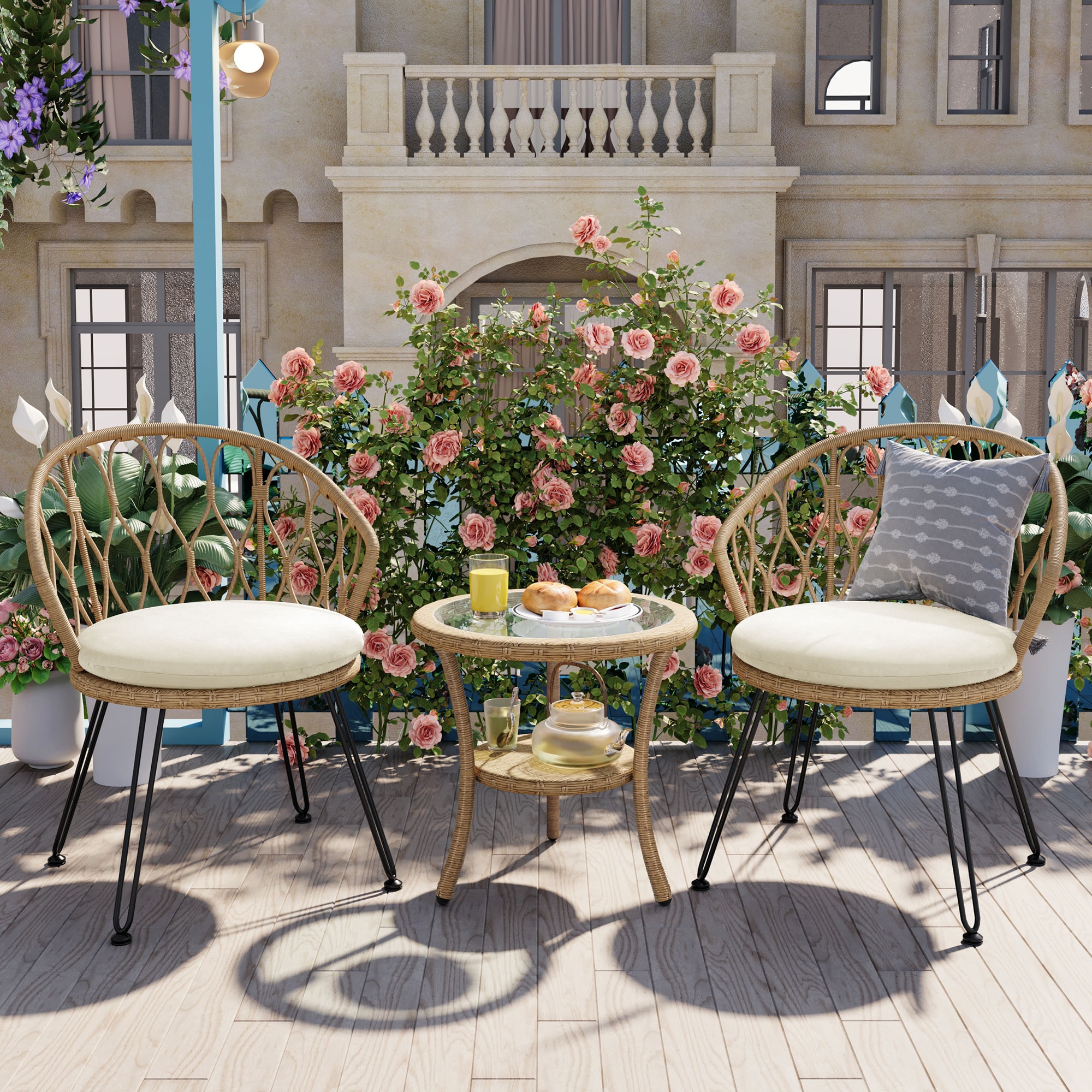 ModernLuxe L-N711P256422A Outdoor Leisure Set, 2 Rattan Single Chairs with A Glass Round Table, Perfectly Suited for Patios, Balconies, and Courtyards 3 -Piece Patio Conversation Set with Off-white Cushions