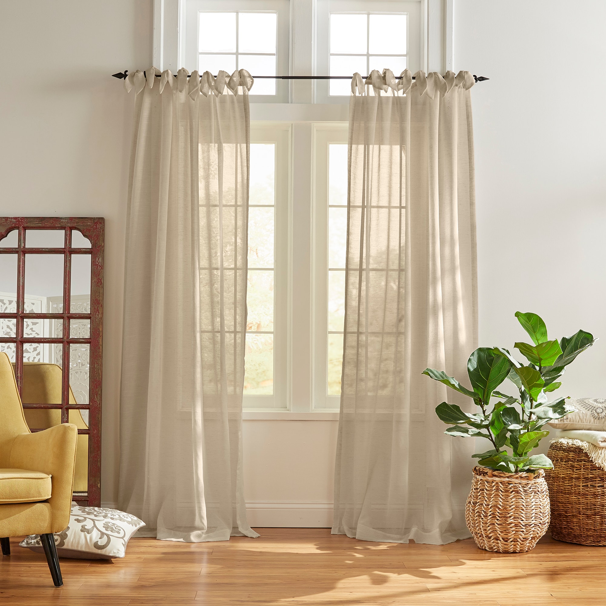 Elrene Home Fashions 739550333565 84-in Flax Sheer Tie top Single curtain panel
