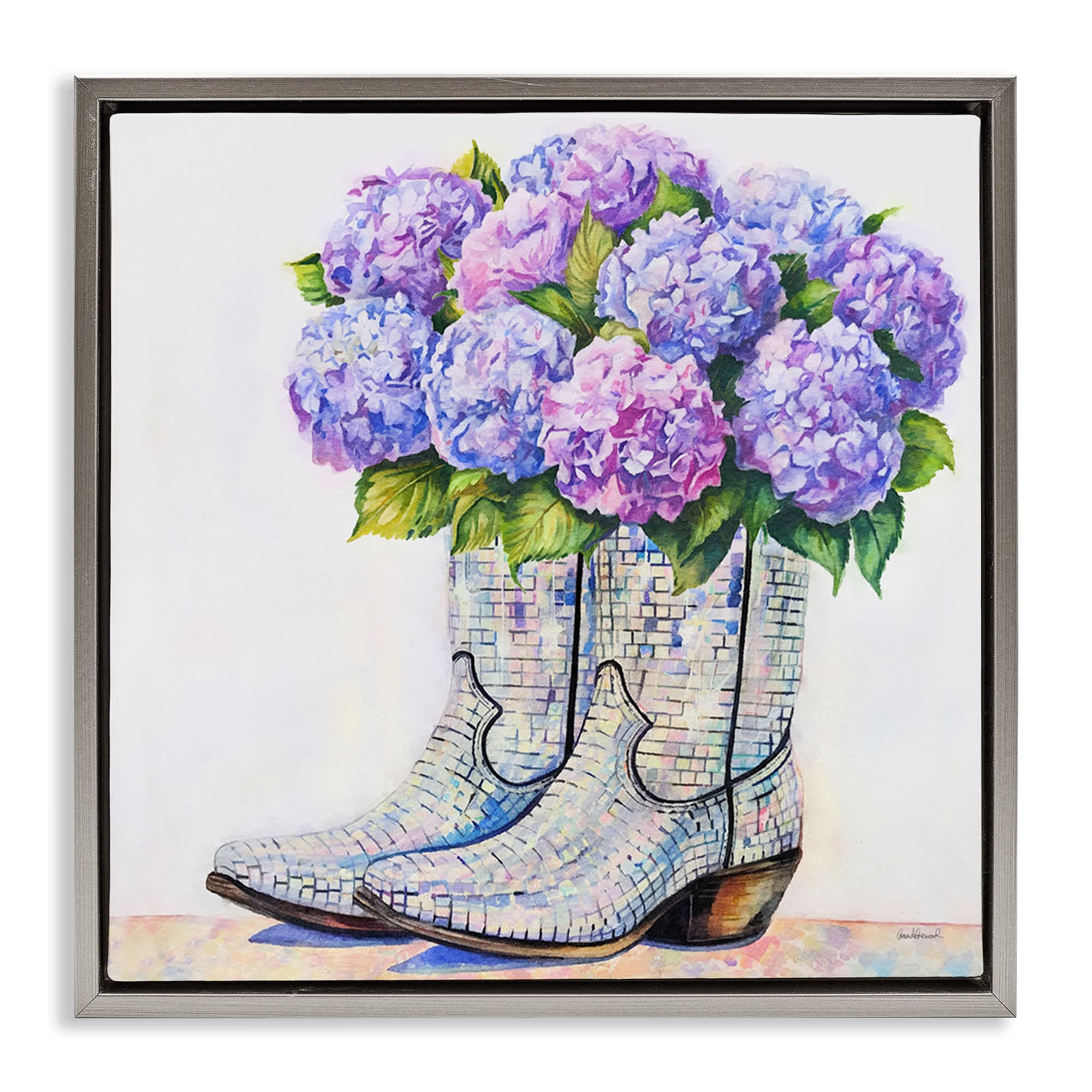 Stupell Industries BS-134-FFL-17X17 Hydrangea Filled Cowgirl Boots Gray Framed Floater Canvas Wall Art By Amanda Greenwood 18 x 18