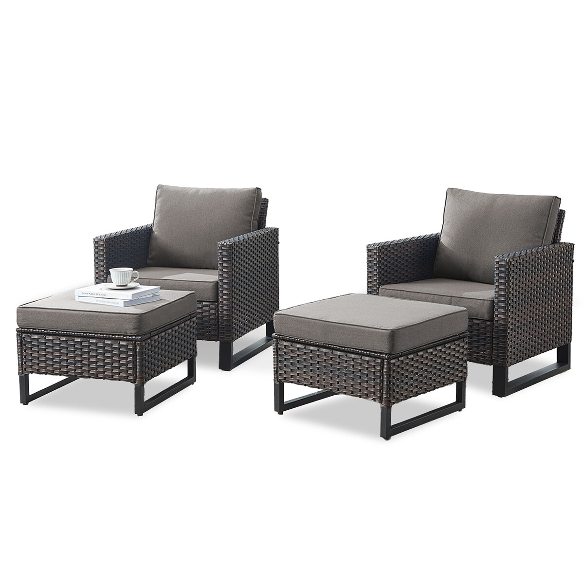 Rilyson FS120119-3 U-FEET Set of 2 Wicker Brown Wicker Frame Stationary Conversation Chair with Brown Gray Cushioned Seat