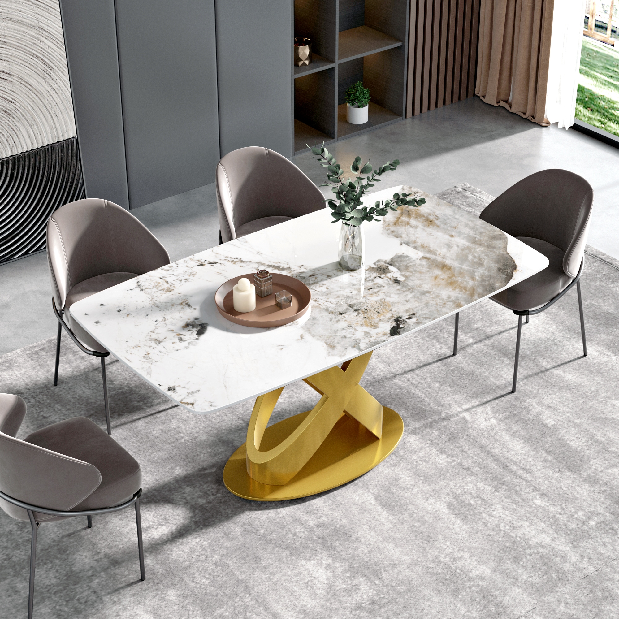 BuotiqHom DH-AT-16AP-MH3G 63 in. Pandora/Gold Contemporary/Modern Dining Table, Ceramic with Primed Metal Pedestal Base 63-in L x 29.5-in H