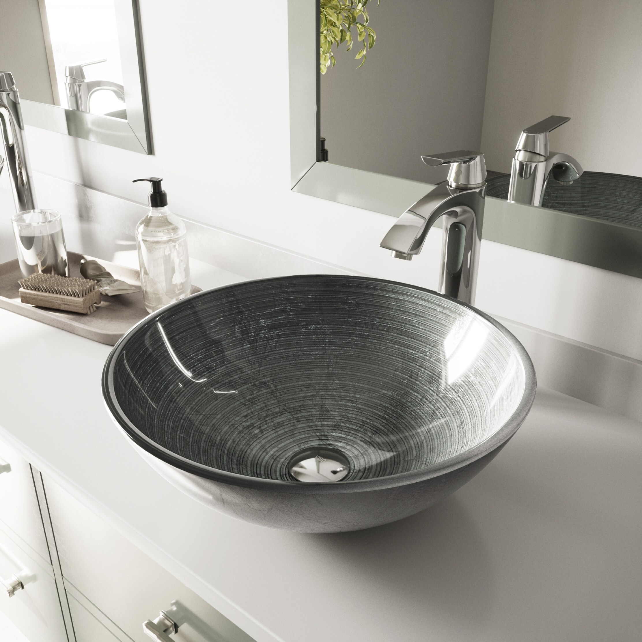 VIGO Simply Glass Vessel Round Modern Simply Silver Bathroom Sink (17 ...