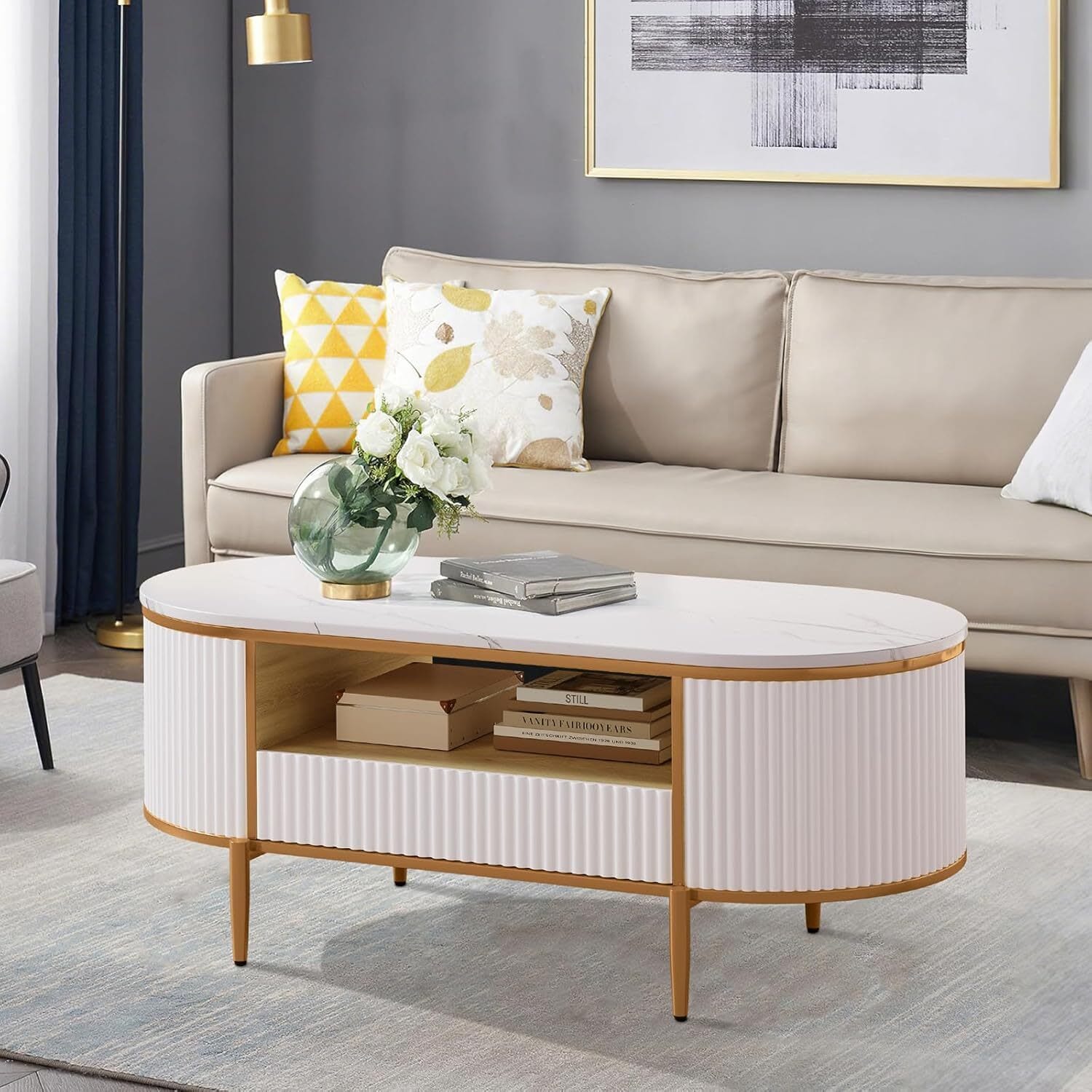WhizMax LWAM-PHO-347L7H4N Modern Wave Design Coffee Table-48in Oval Coffee Table with Drawer-Scratch-Resistant Marble-Like Top with Gold Fluted Panels-Easy Assembly Console Table for Living Room