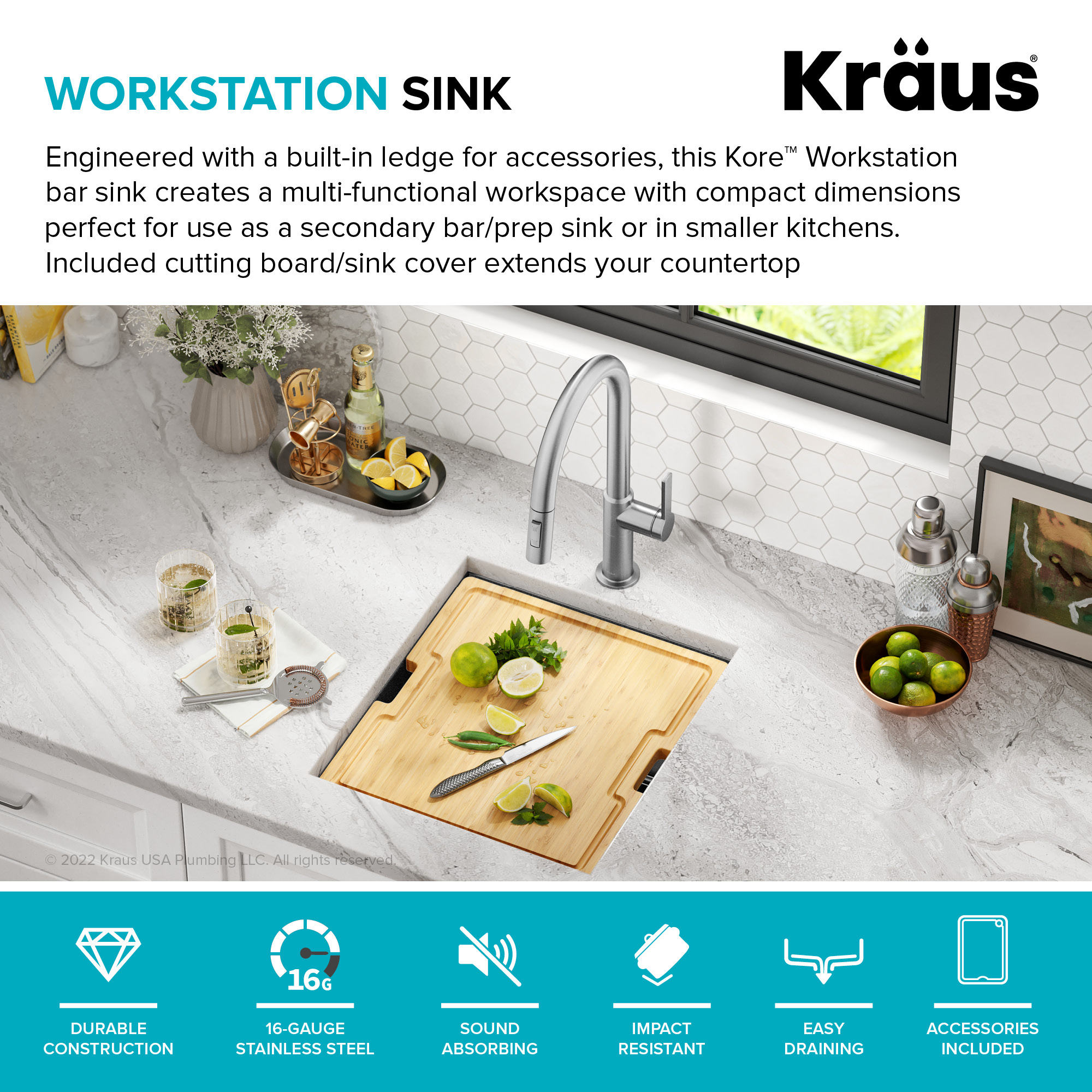 Kore 17" Black Stainless Steel Undermount Workstation Kitchen Sink