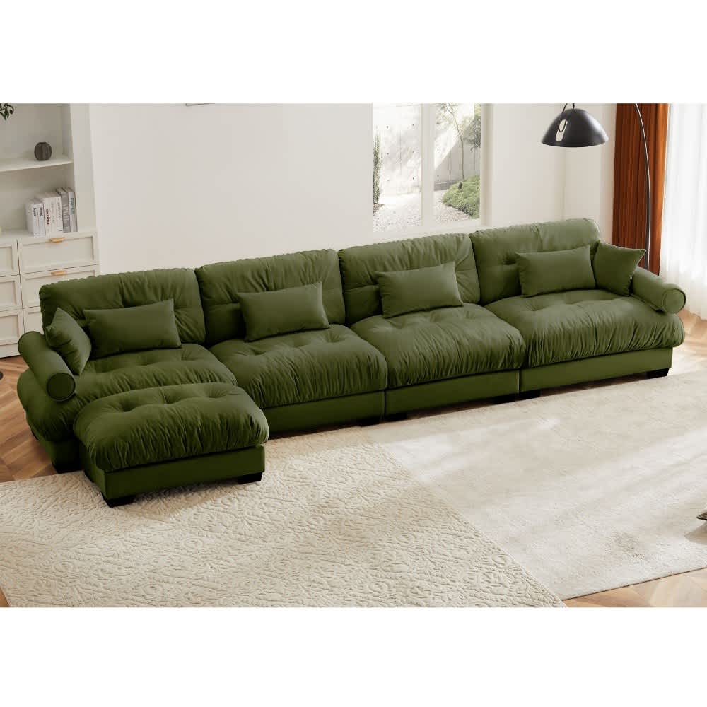 Coolbibila 5-Pieces Sofa With Ottoman  Olive Green 4-Seater Sectional Sofas Large With Waist Pillow And Throw Pillows Large L Shape Sofa For Living Room