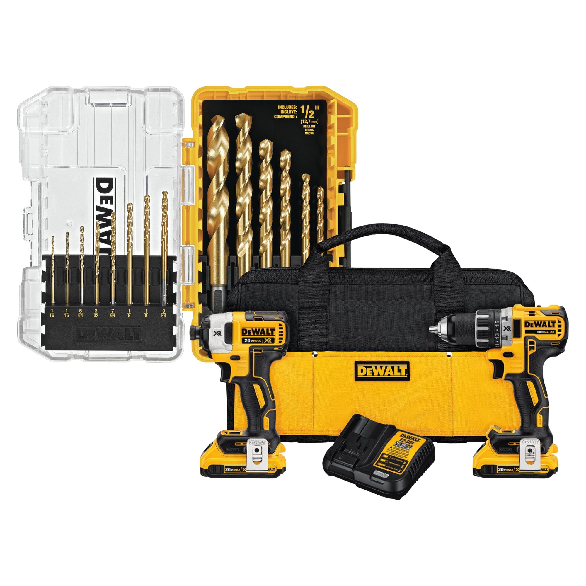 DEWALT XR 2-Tool 20-Volt Max Brushless Power Tool Combo Kit with Soft Case (2-Batteries and charger Included) & 14-Piece Assorted x Set Titanium