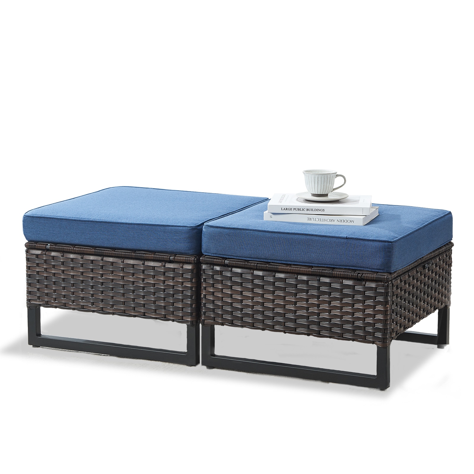Blue Cushioned Wicker Outdoor Ottomans with Metal Frame, Set of 2