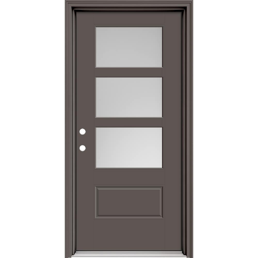 Masonite 630564 Performance Door System 36-in x 80-in x 4-9/16-in Fiberglass 3/4 lite Right-hand inswing Timber Gray Painted Prehung Front Door with Brickmould Insulating core with Grilles