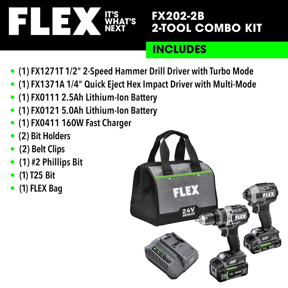 Flex 24V 1/2 2-Speed Hammer Drill Turbo Mode Kit (2.5Ah/5.0Ah