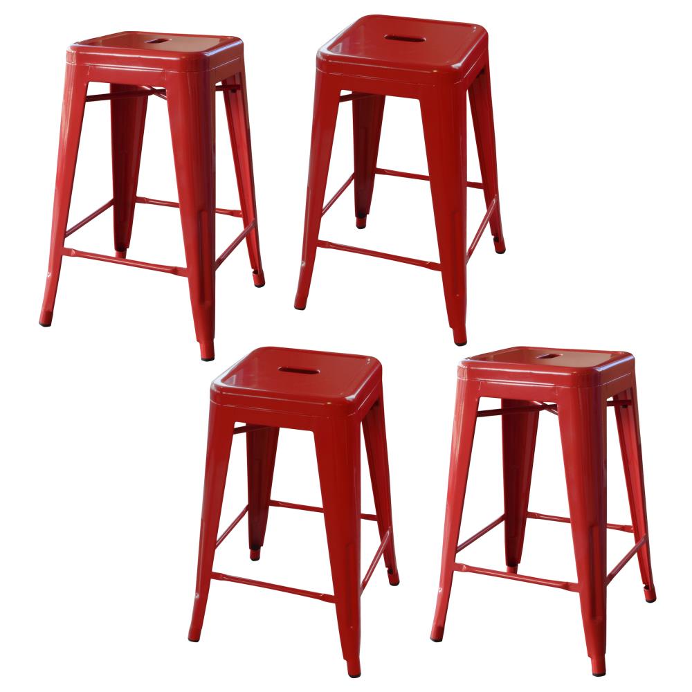 AmeriHome BS24REDSET Loft Series 4 -Set Red 24.0-in H Counter height Square seat Stackable Metal Bar Stool