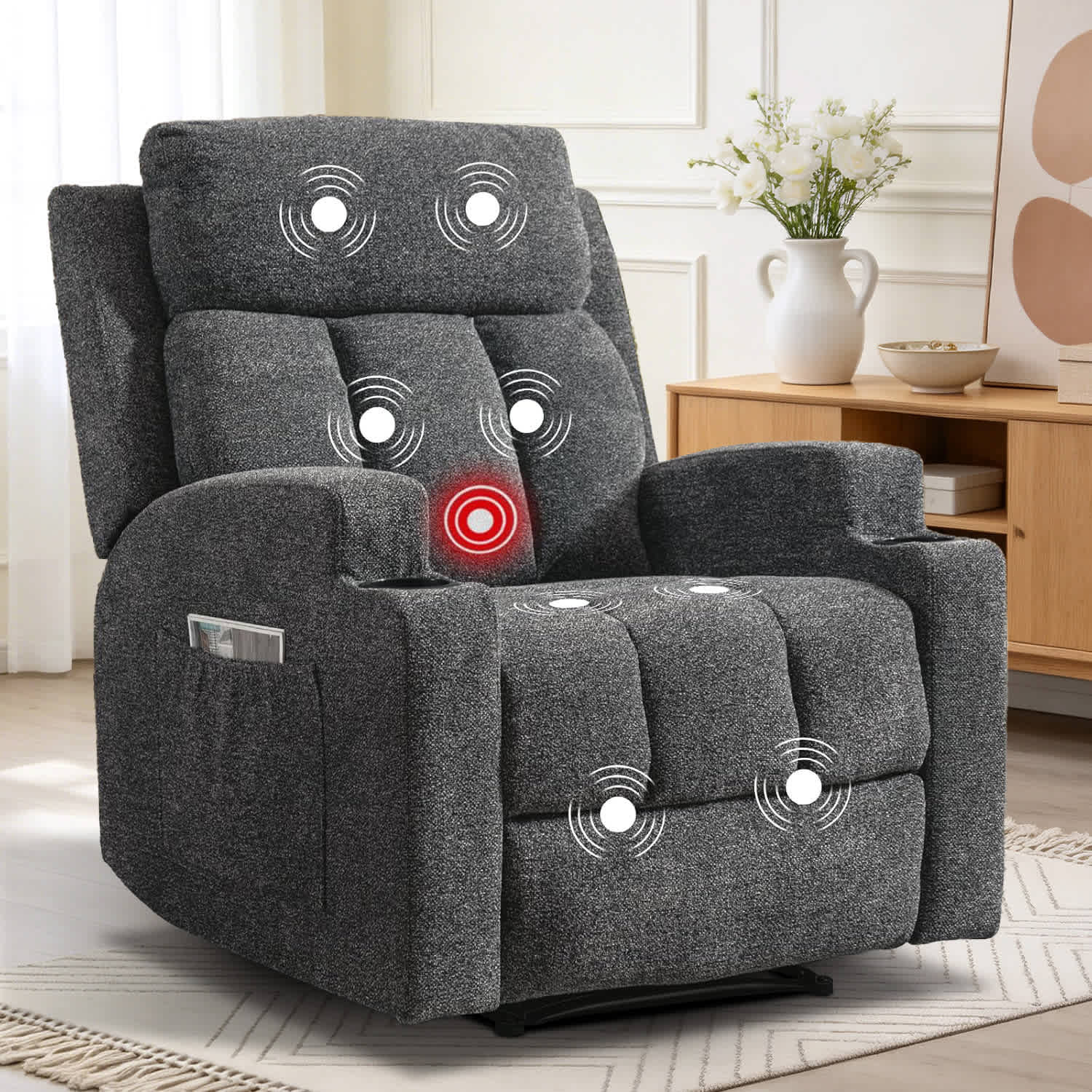 Canmov  Heated Manual Massage Recliner with Cup Holder Padded Breathable Fabric Recliner Home Theater Seating