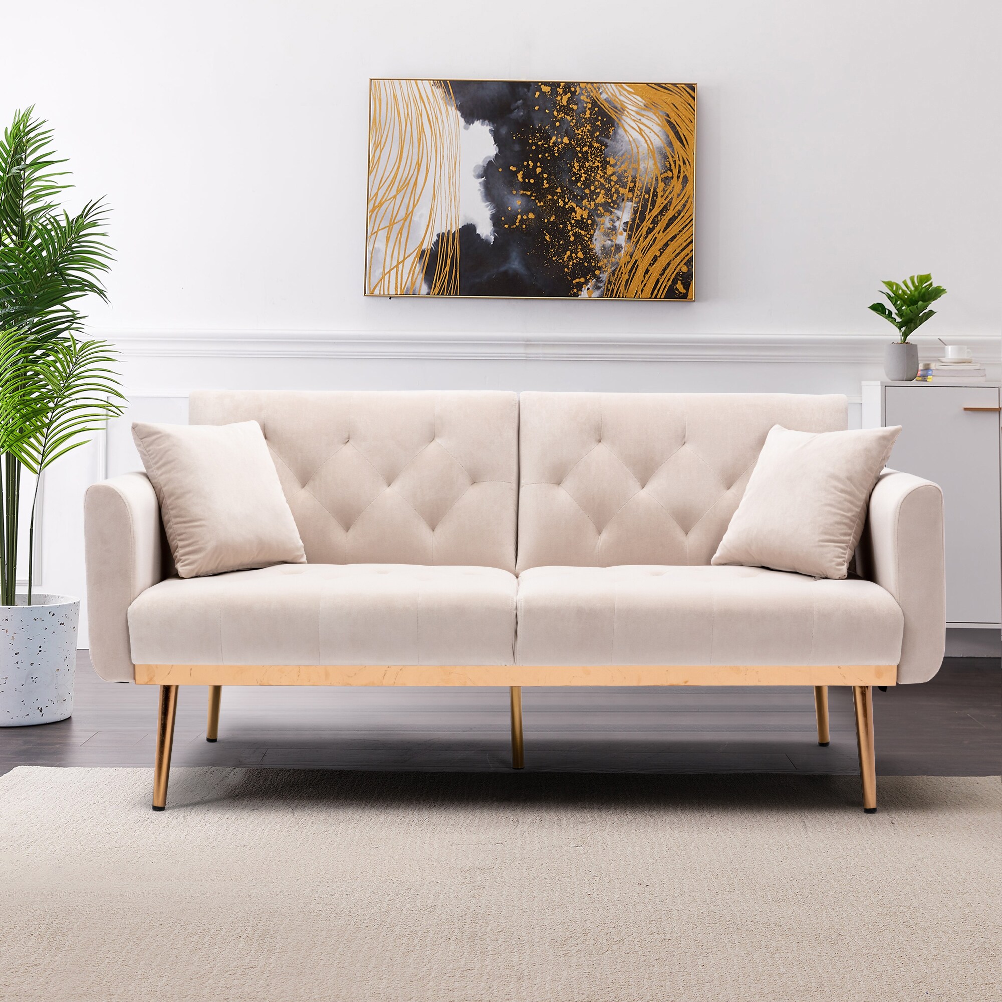 Clihome Beige Velvet Sofa 63.77-in Modern Beige Velvet Loveseat at ...