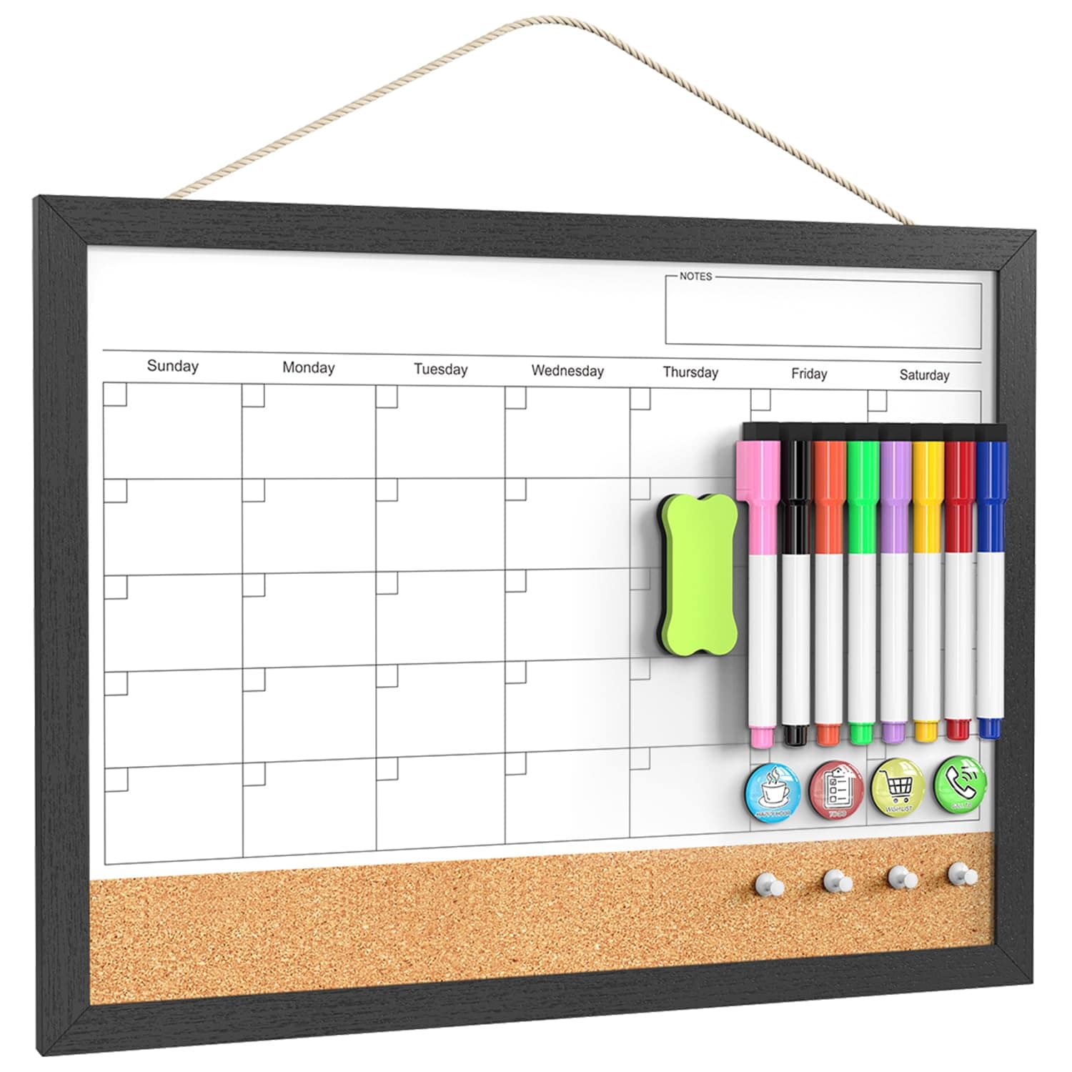 PIGFDK Dry Erase Calendar Corkboard 17x13 Inch Whiteboard Wood Frame Wall Hanging Office Home School Planner