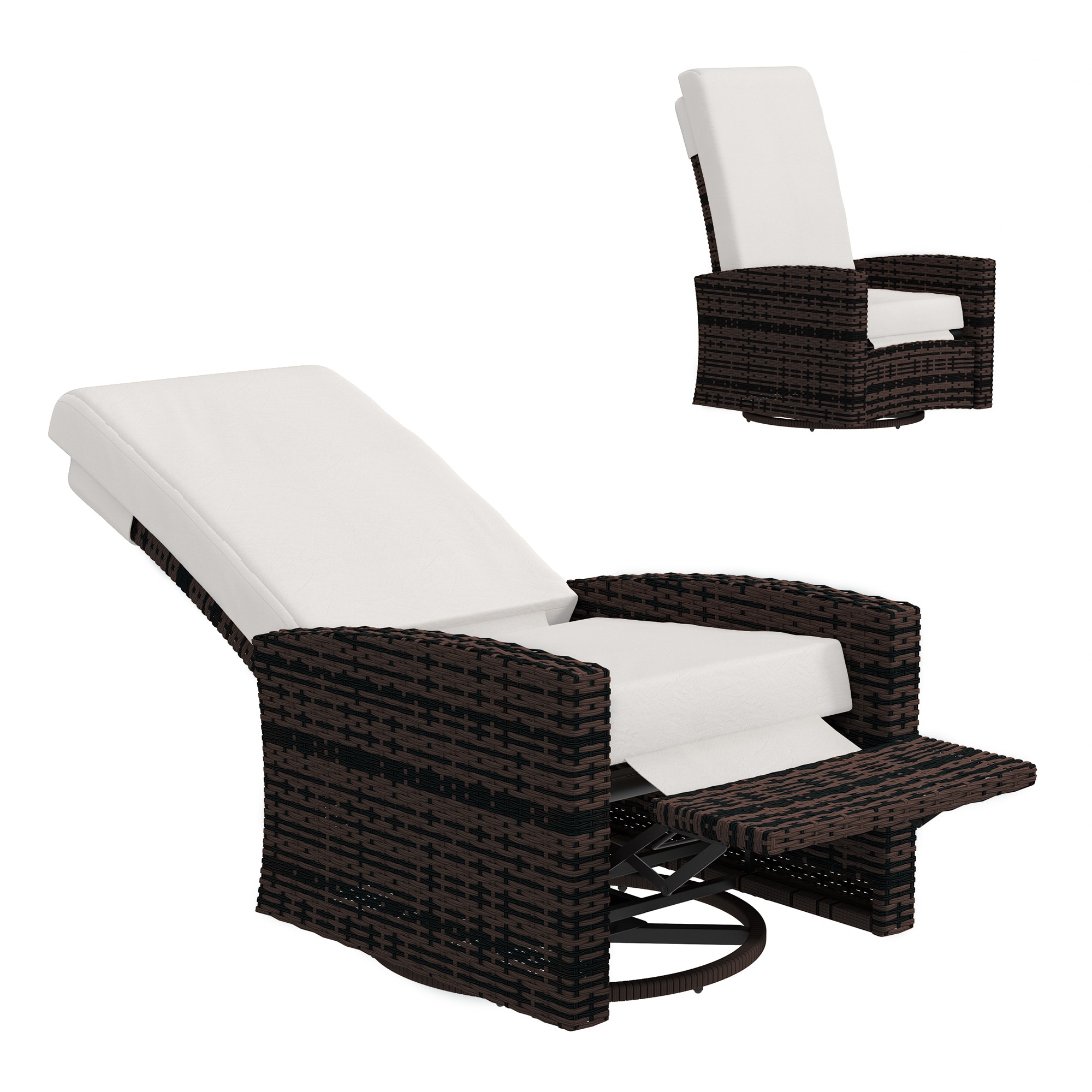 Outsunny 867-026V00KK Outdoor Wicker Swivel Recliner Chair Reclining Backrest Lifting Footrest 360° Rotating Basic Water-Resistant Cushions for Patio Khaki