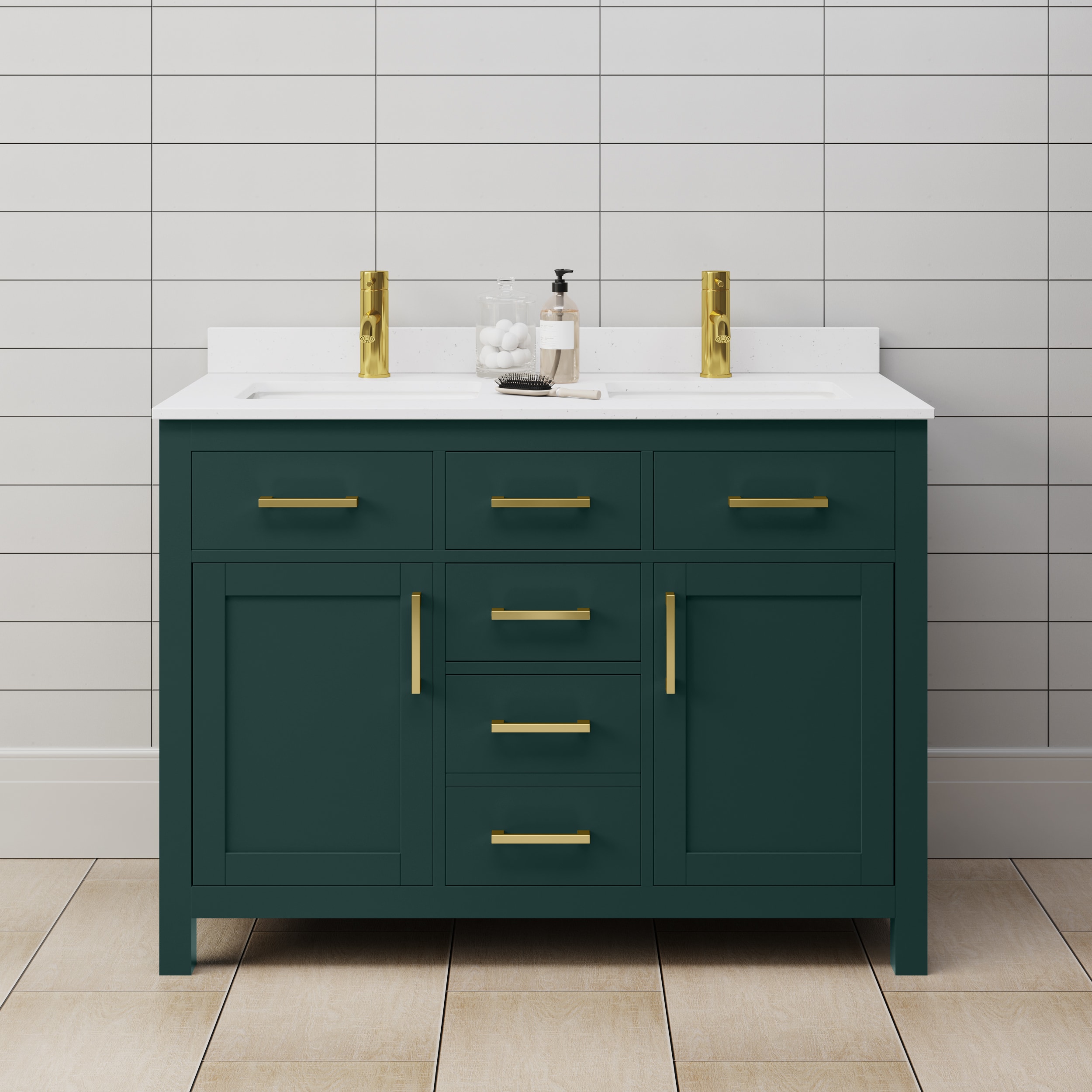 Wyndham Collection WCG242448DGDWCUNSMXX Beckett 48-in Green with Brushed Gold Trim Undermount Double sink Bathroom Vanity with White Cultured Marble Cultured marble Top