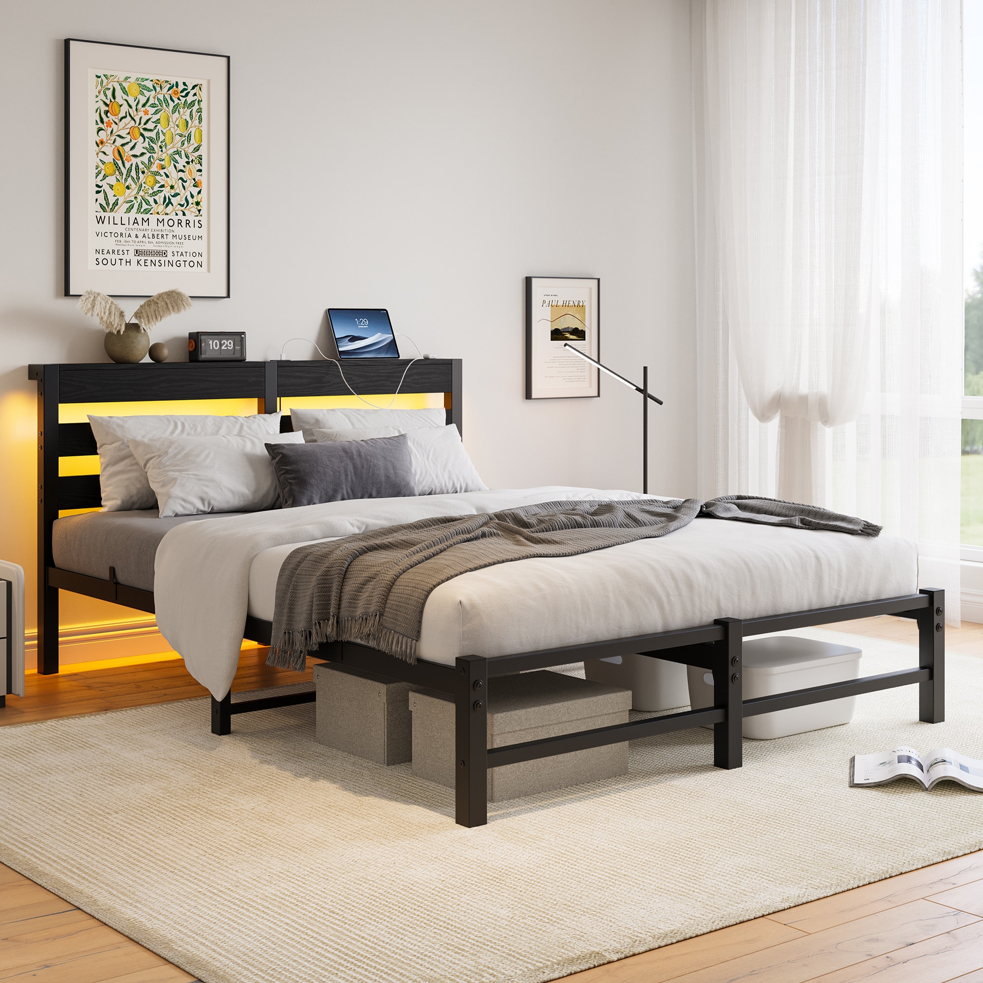 Fun Orange FUNS3BE01 Queen Black Metal Bed Frame Storage with Headboard