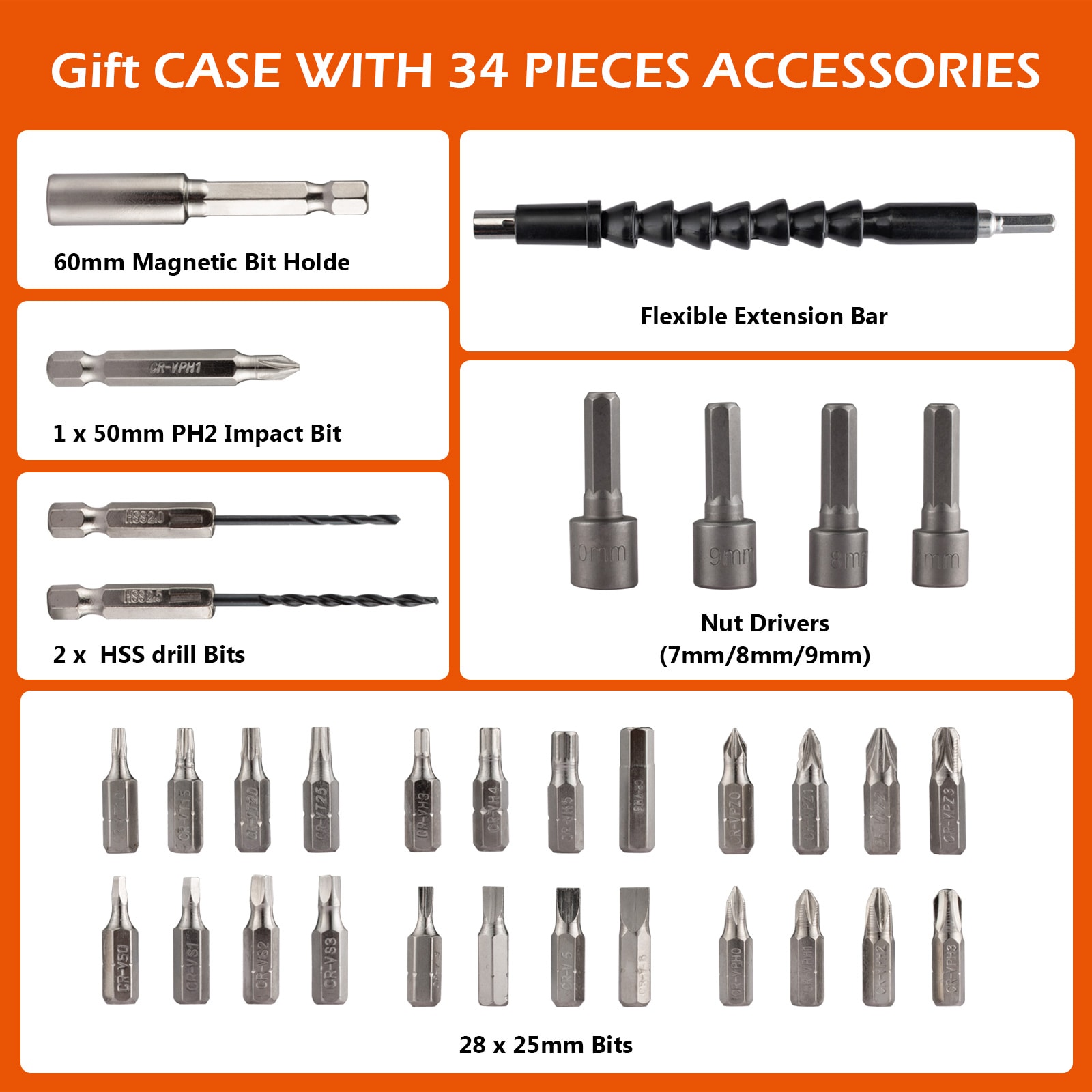 FREEMAN Interchangeable Attachments, Hex Bits, and Case 5-in-1