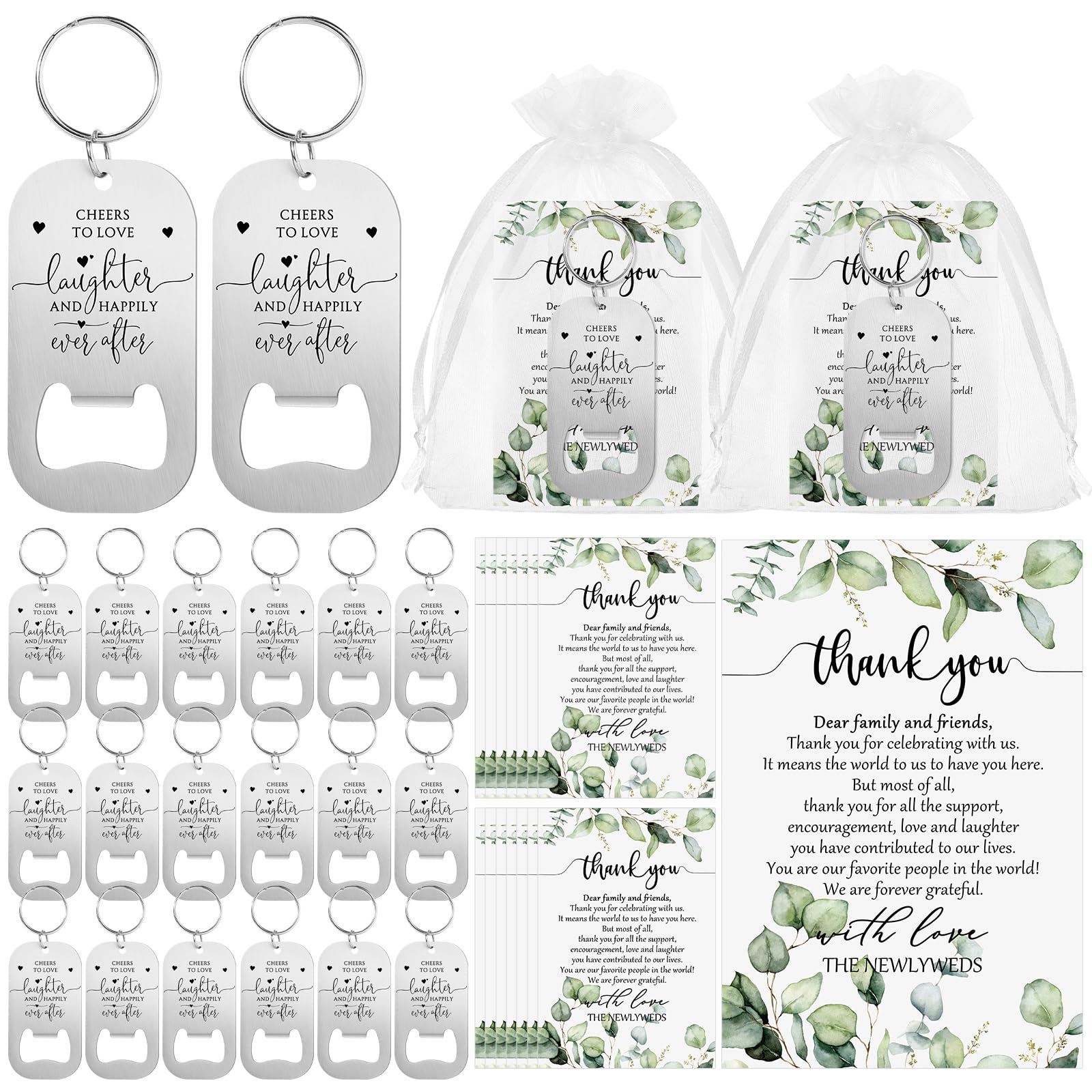 Aoibox  Set of 50 Wedding Favor Bottle Opener Keychains with Organza Bags and Thank You Cards for Bridal Showers