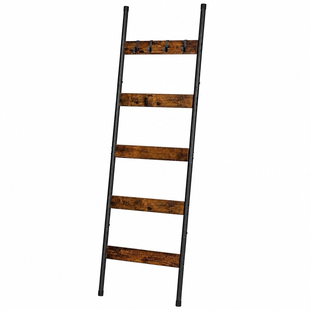OGETFUUR 5-Tier Ladder Shelf Rustic Brown and Black Towel Rack with Hooks for Living Room Bedroom