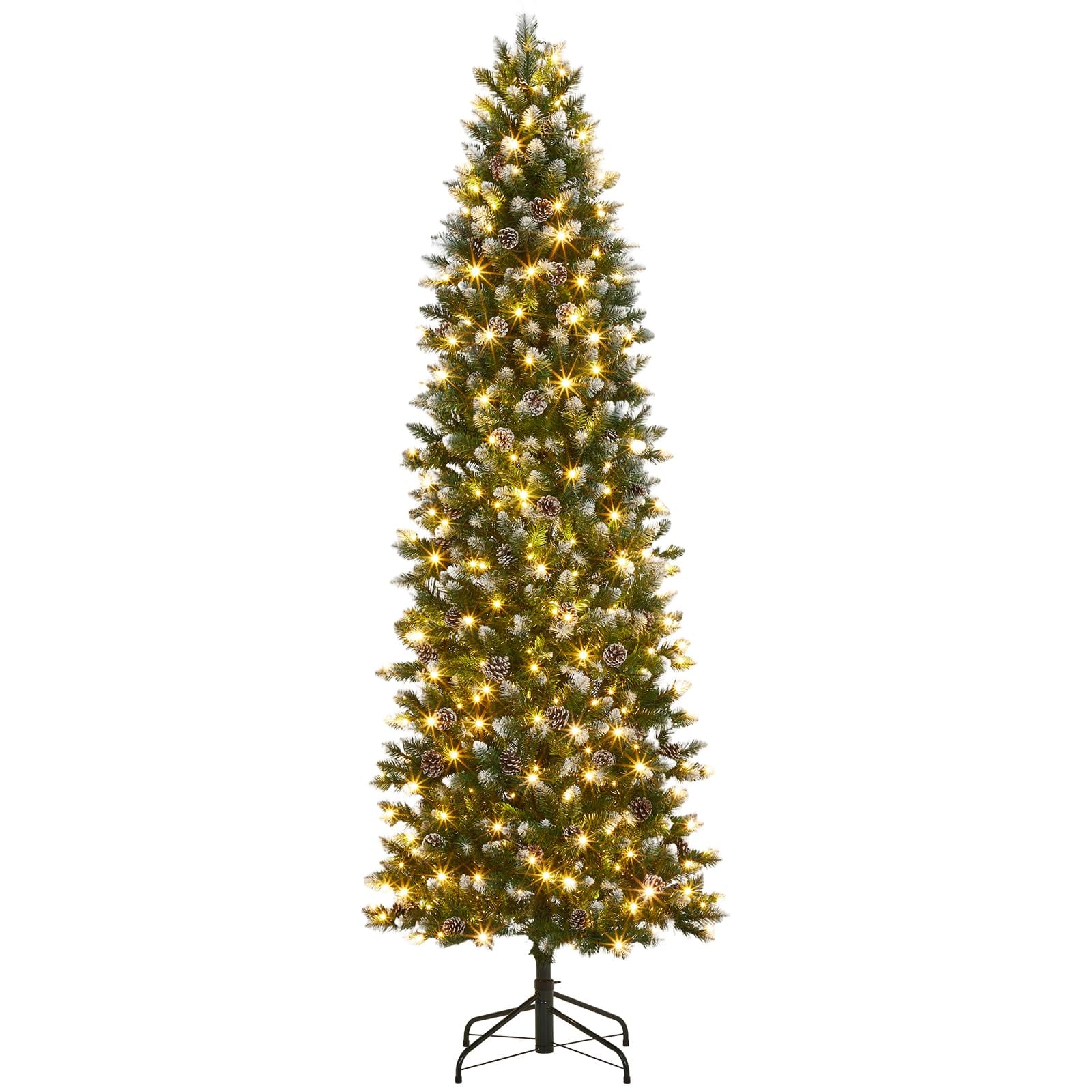 IdealHouse 9 ft Prelit Pencil Snow Flocked Spruce Christmas Tree with Pinecones Warm White Lights and Foldable Metal Stand - Slim Space-Saving Artificial Xmas Tree for Home Office - Green