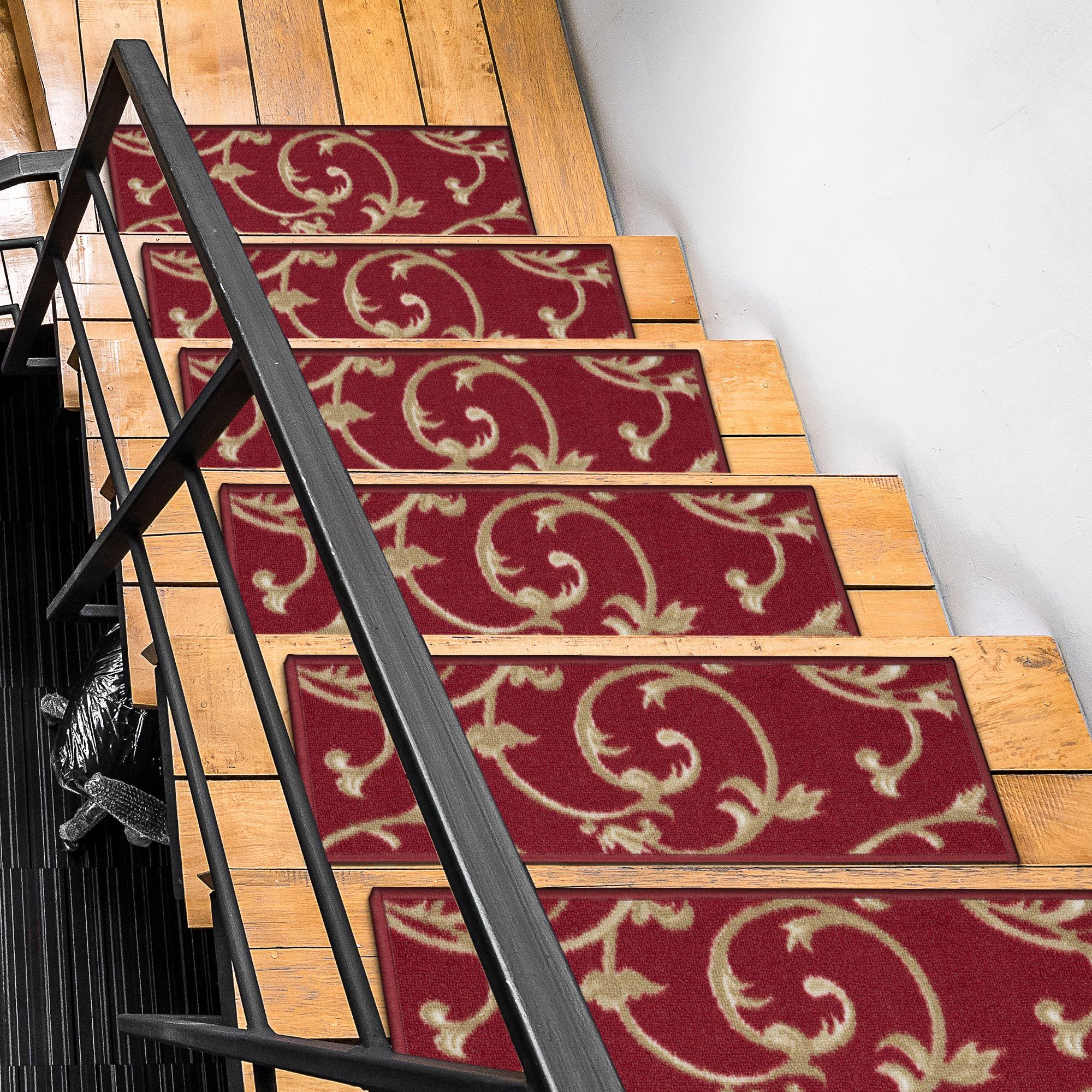Ottomanson CLS4040-7 Non-Slip Stair Mat 7 Pack 1 x 2 (ft) Loomed Nylon Red Scroll Rectangular Indoor Floral/Botanical Stair tread rug