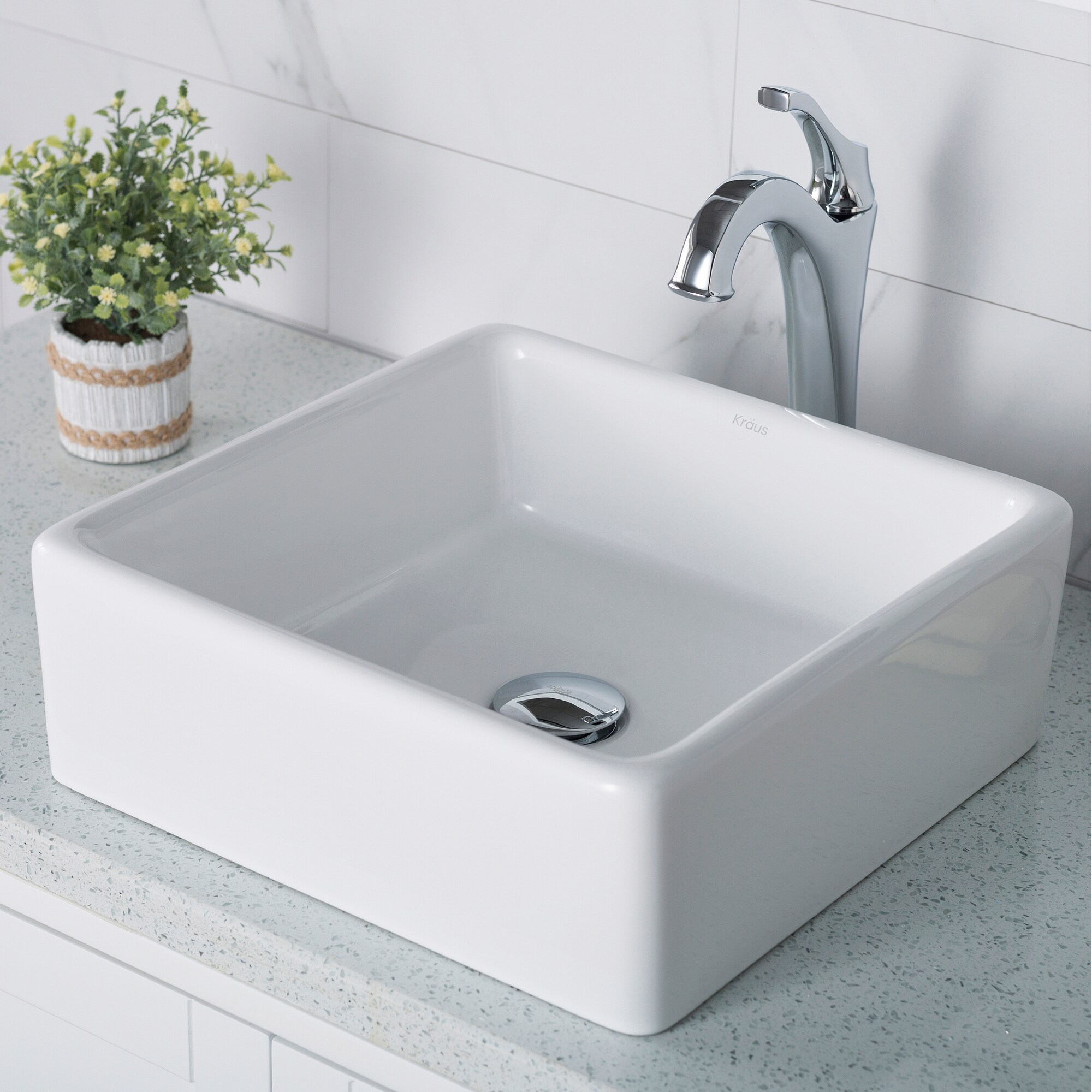 Kraus White Ceramic Vessel Square Traditional Bathroom Sink with Faucet ...
