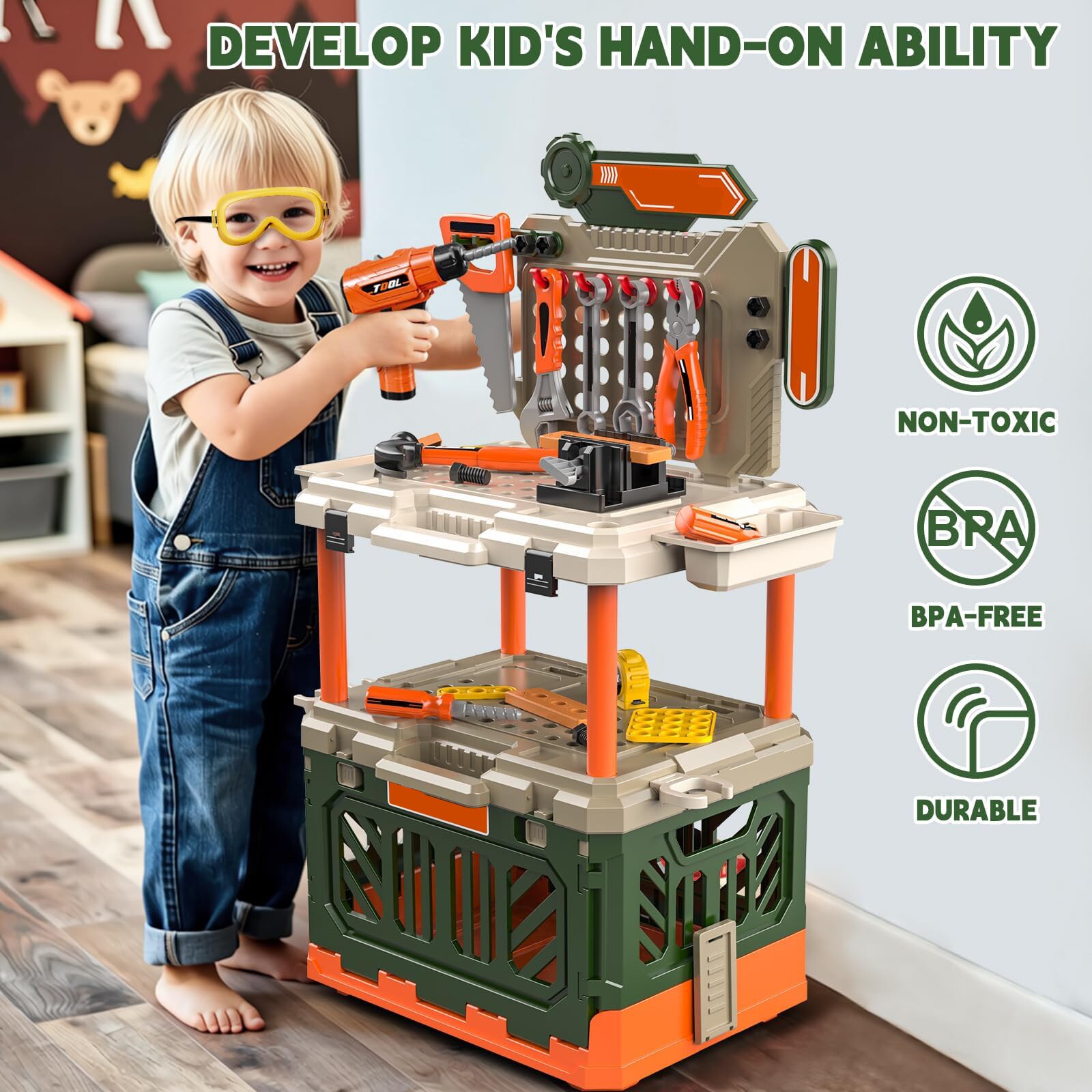 Afoxsos 4 in 1 Kids Tool Bench with Electric Drill 90pcs Pretend