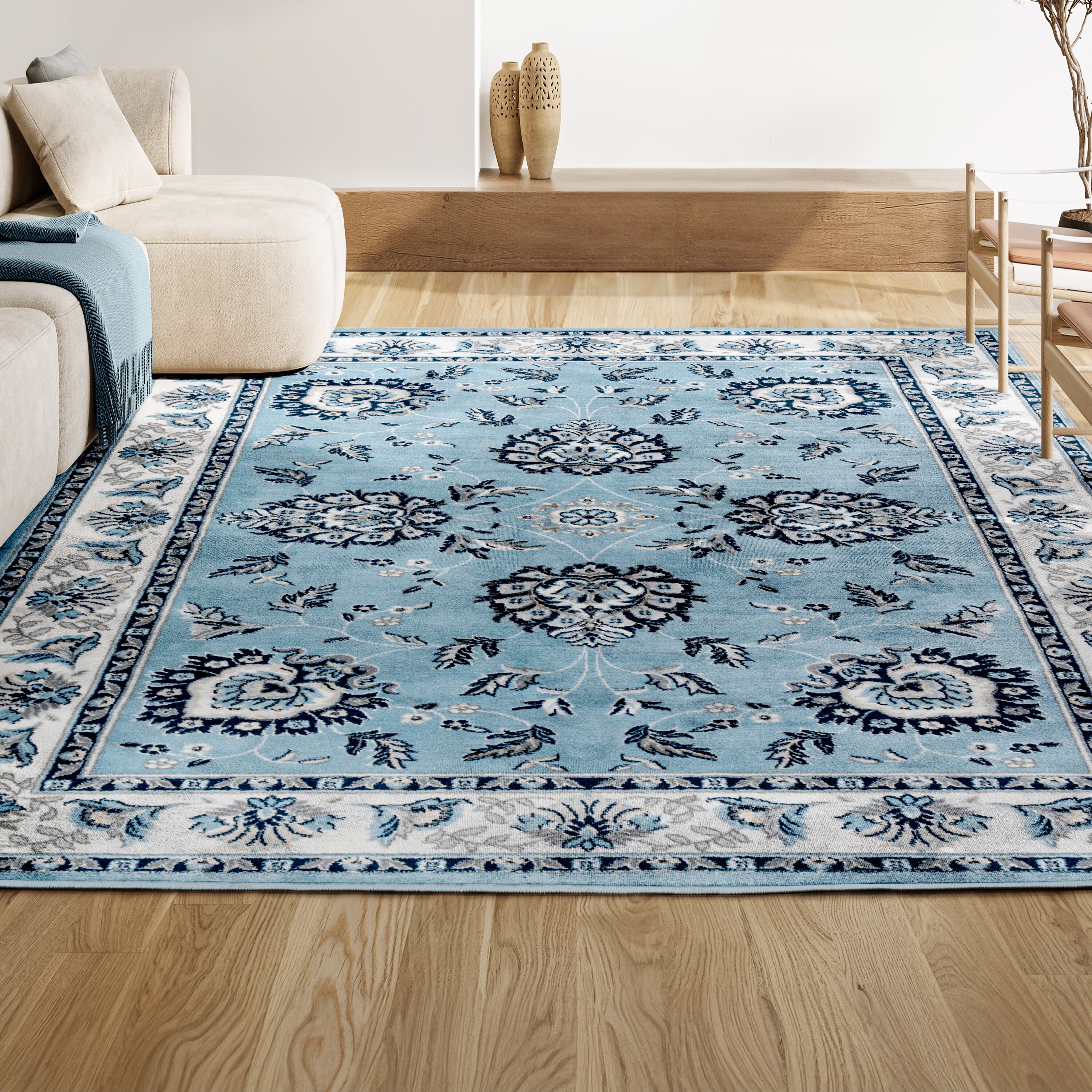 Cherie Sky Blue & Ivory Persian-Inspired Washable Rug 3x5