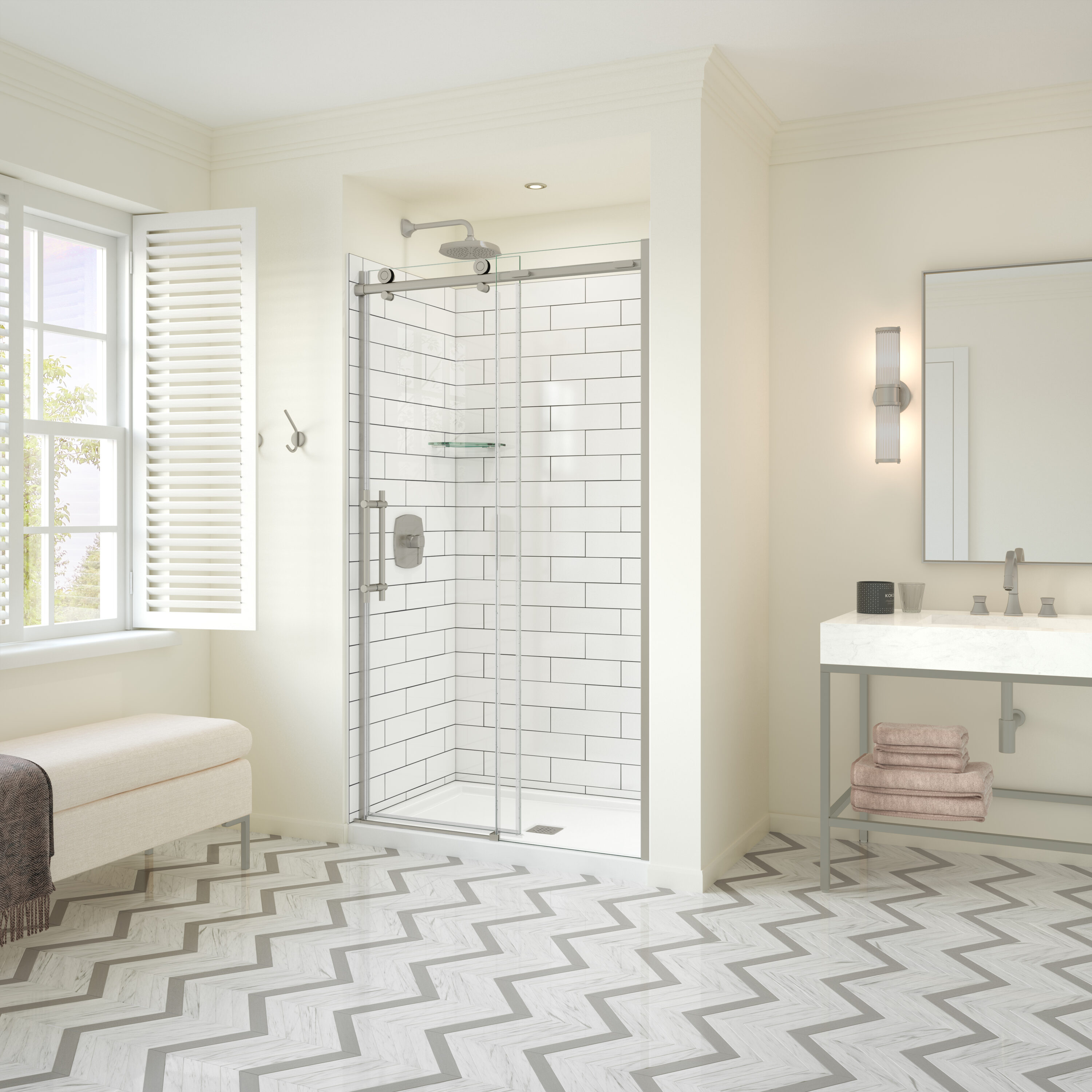MAAX 137421-900-305-000 Odyssey Brushed Nickel 45-in to 47-in W x 78-in H Frameless Sliding Soft Close Shower Door 5/16-in Thick Clear Glass