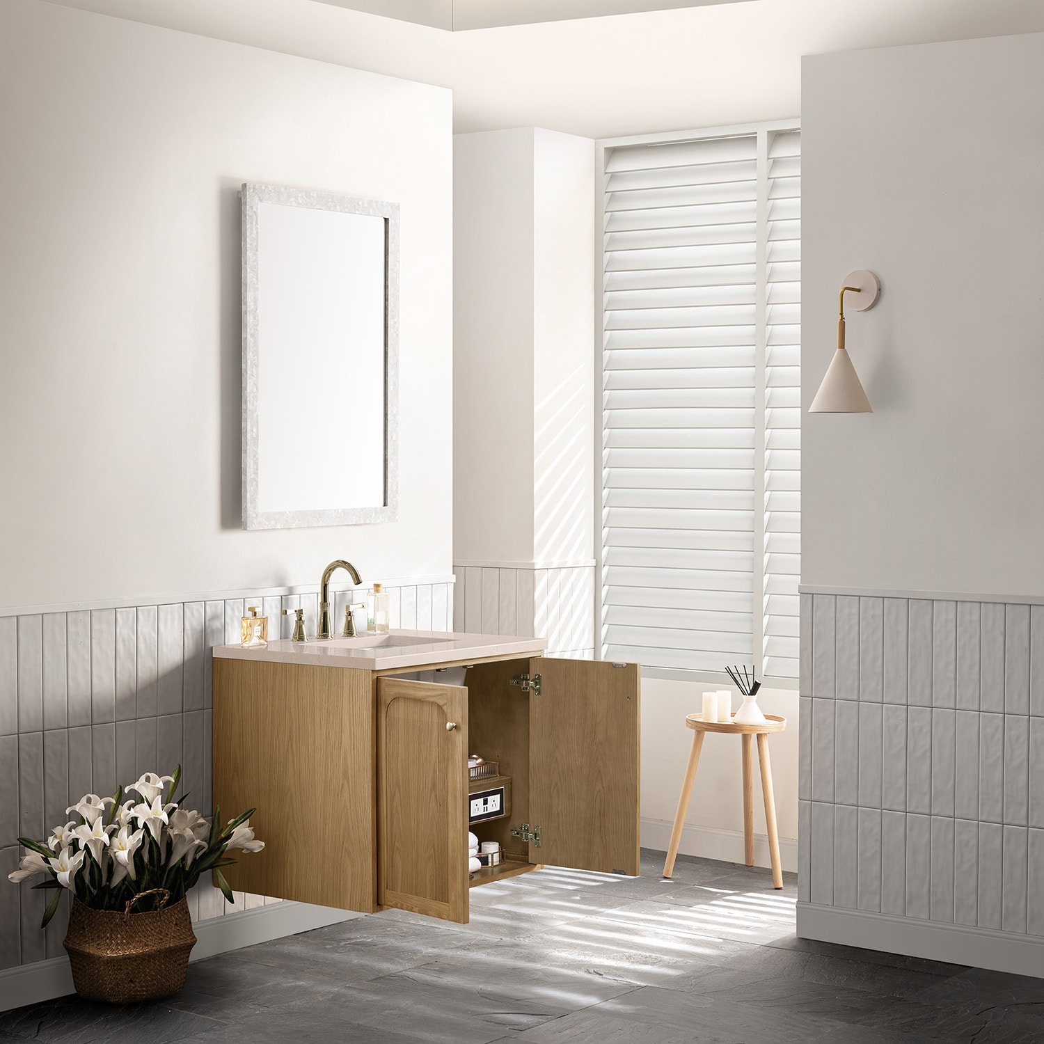 Laurent 30" Light Natural Oak Wall-Mount Single Vanity with Eternal Marfil Top