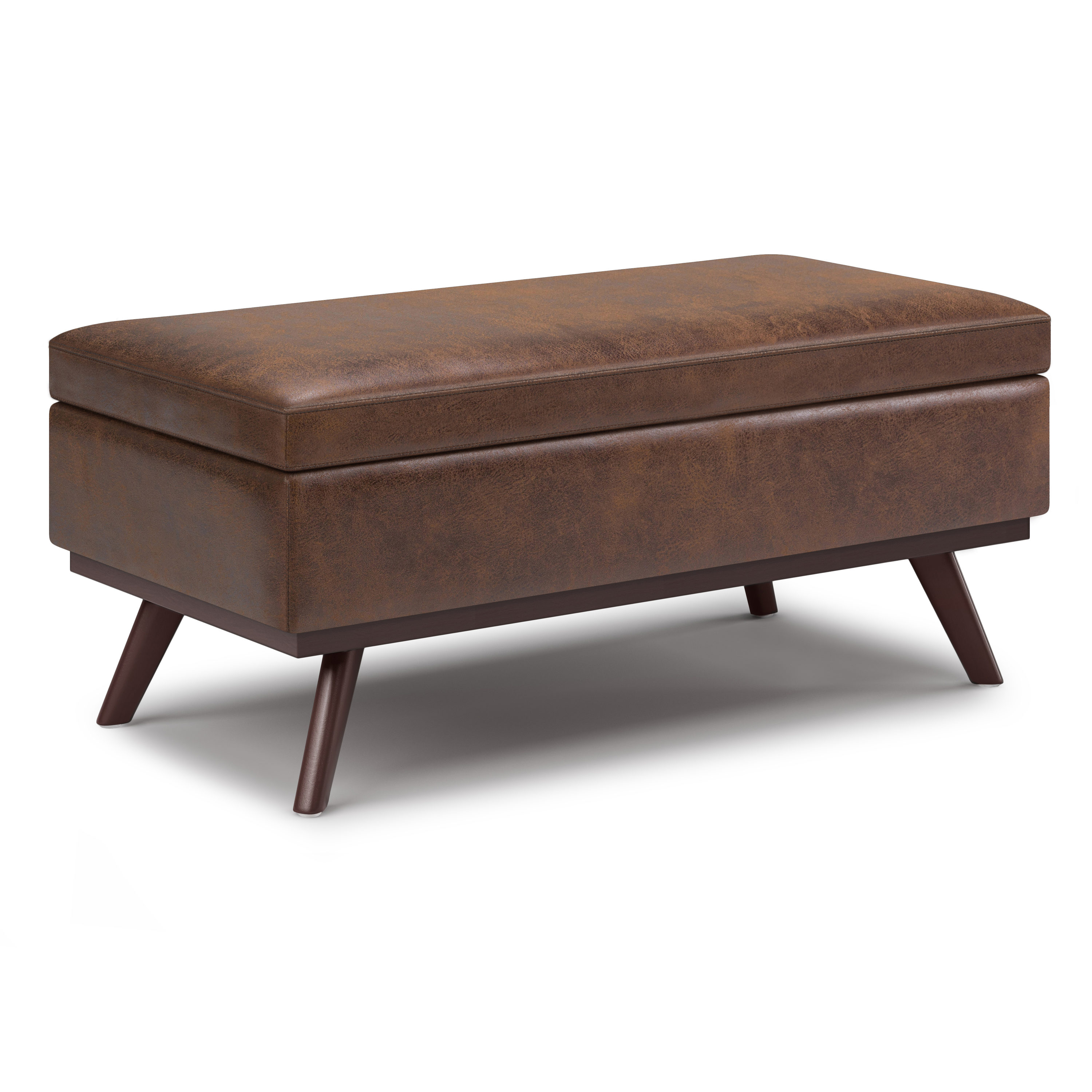 Simpli Home AXCOT267LT-DBR Owen Midcentury Distressed Chestnut Brown Faux leather Storage Ottoman