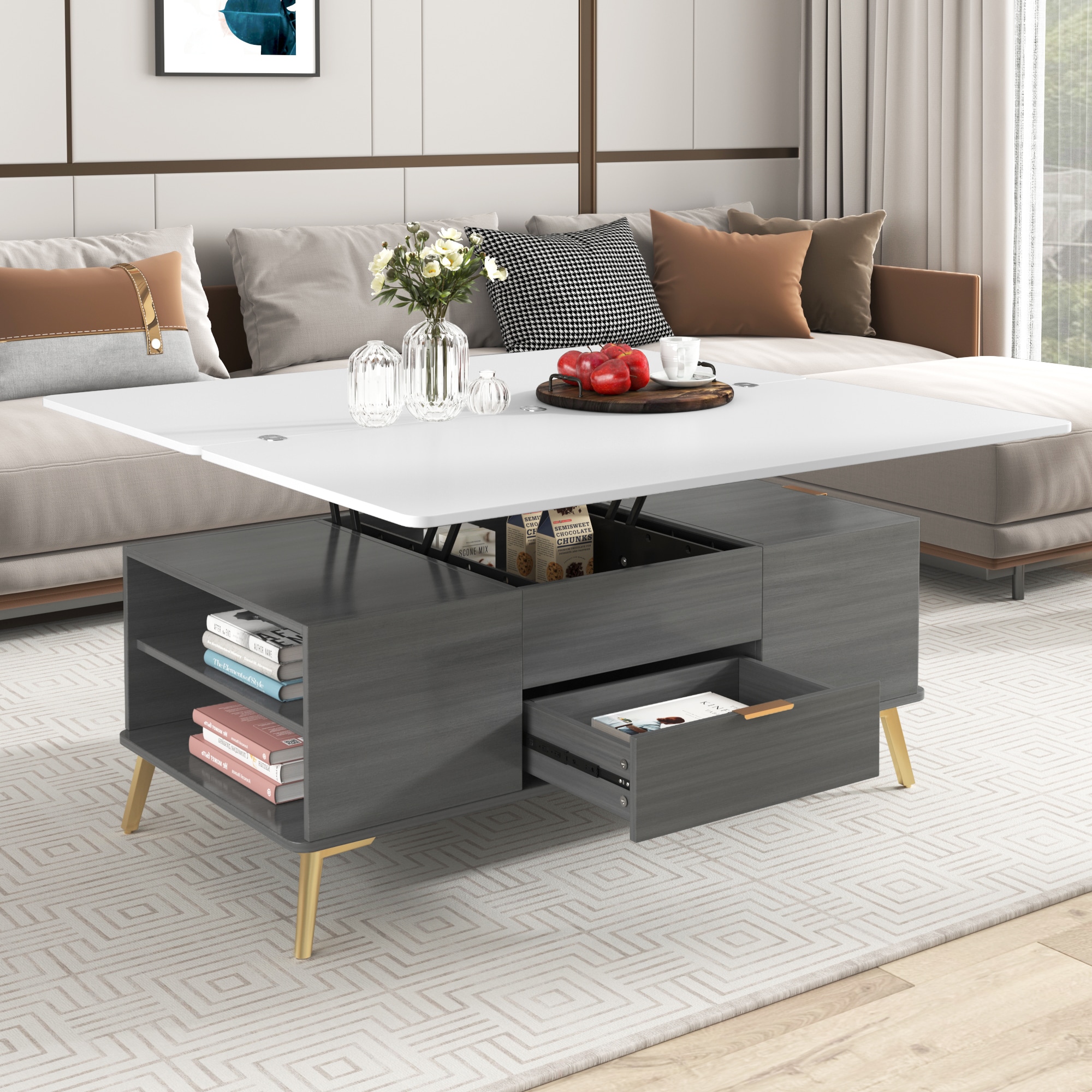 ModernLuxe L3P-WF307471AAG Modern Lift Top Coffee Table Multi Functional Table with Drawers in Gray  White