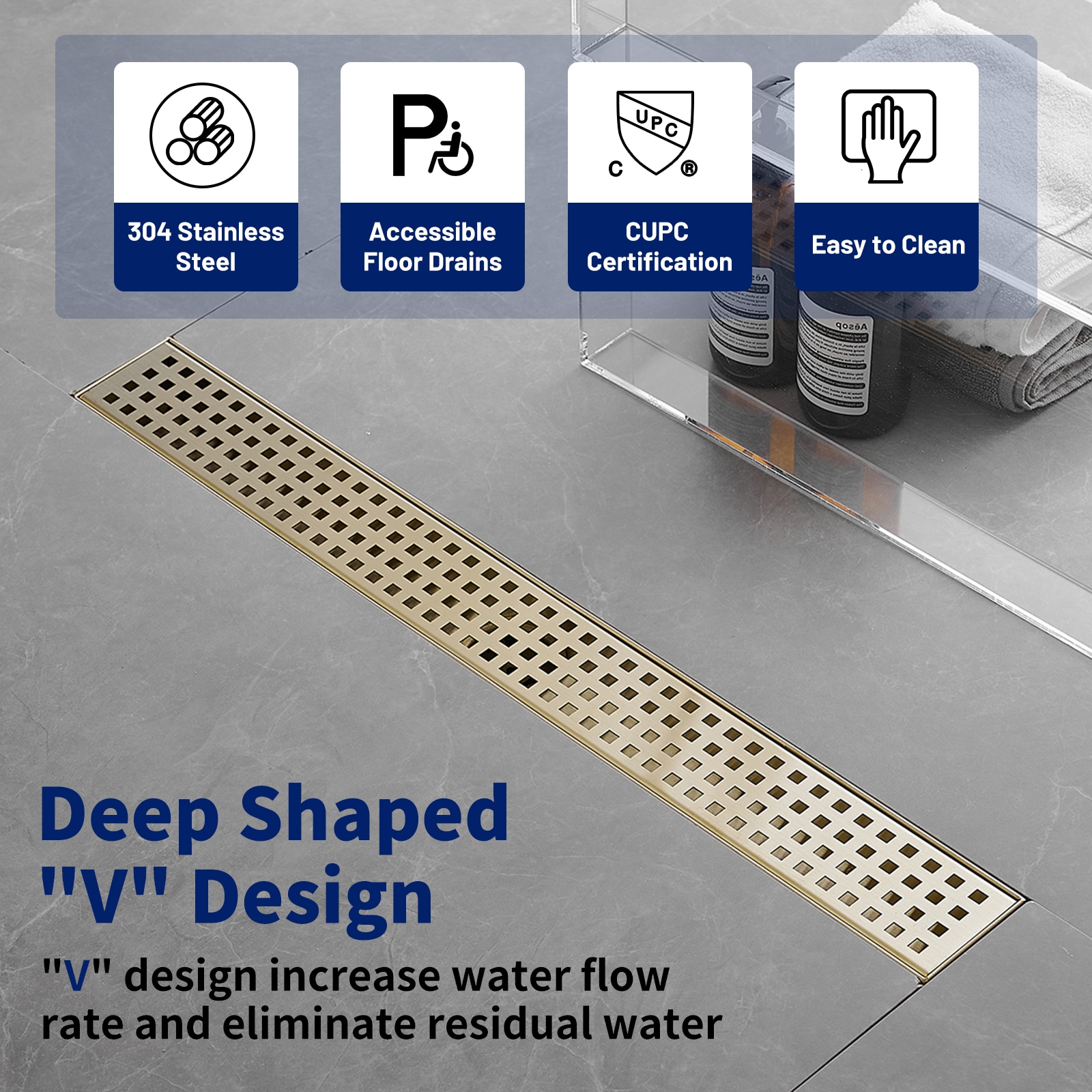 Brushed Gold 24-Inch Stainless Steel Linear Shower Drain with Square Pattern