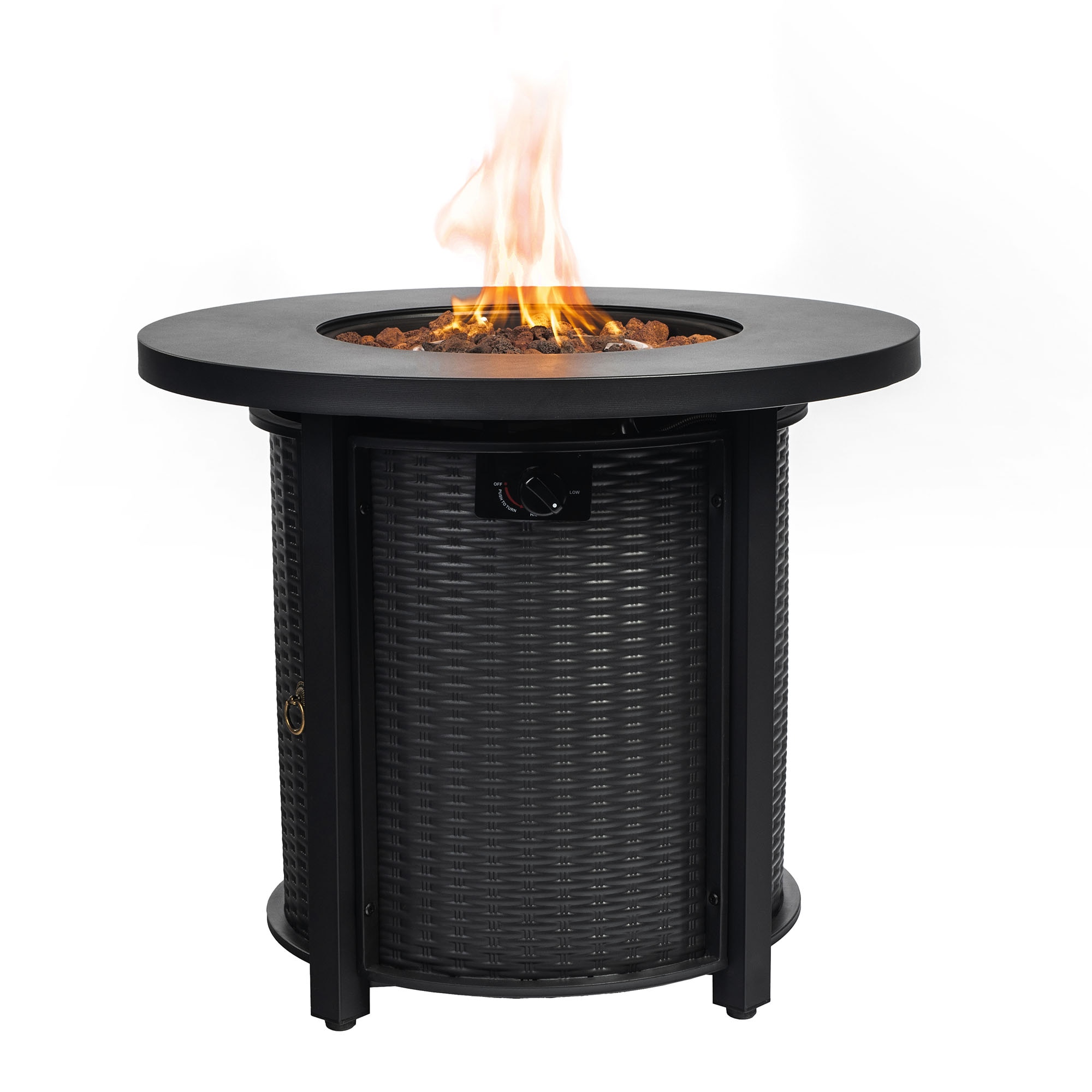 GDFStudio 327375 Round Steel Fire Pit Table with Steel Lid and Lava Rocks-Black