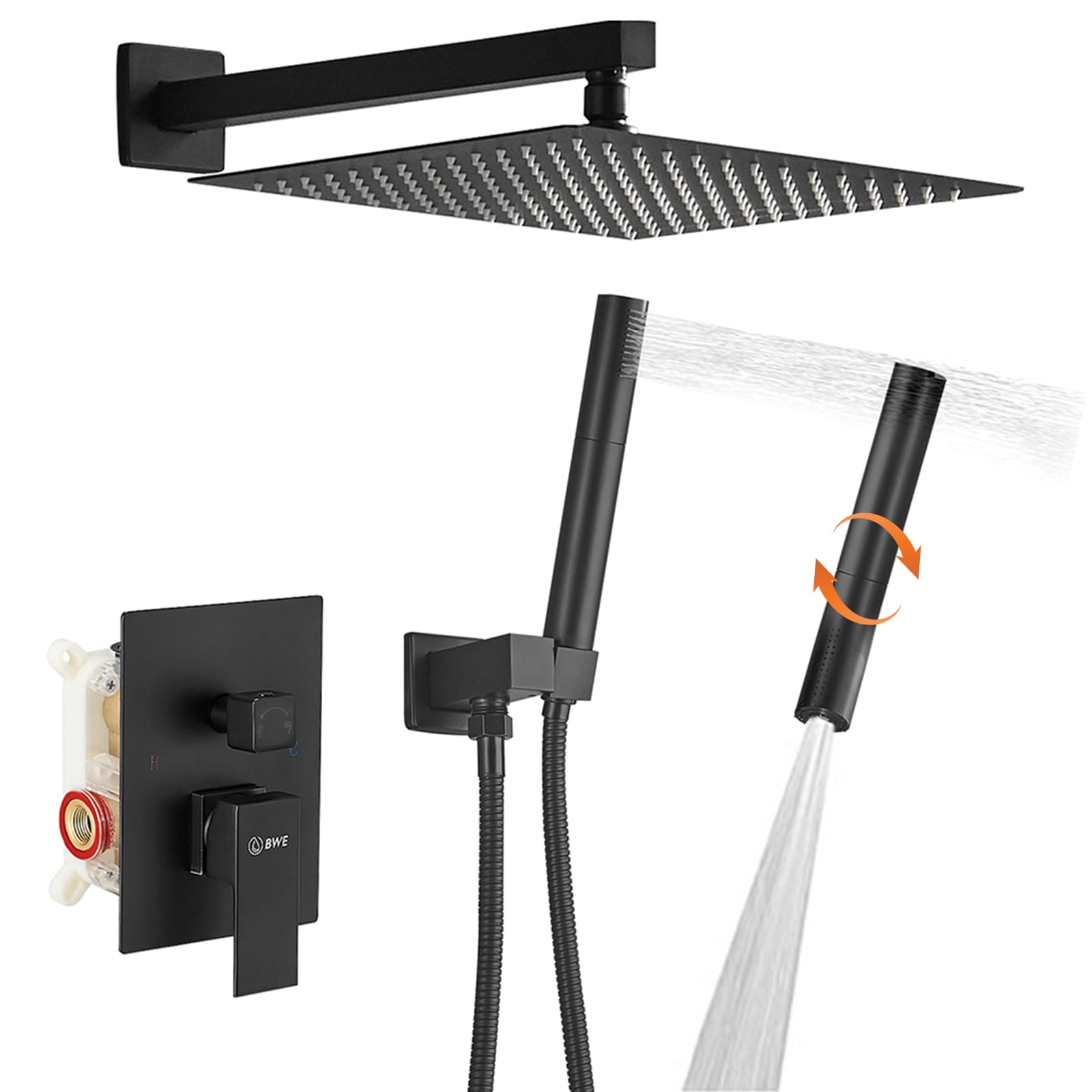 BWE A-95013-BLACK A-95013 Shower Faucet Matte Black 1-handle Multi-function 12-Inches Square Shower Faucet with Valve