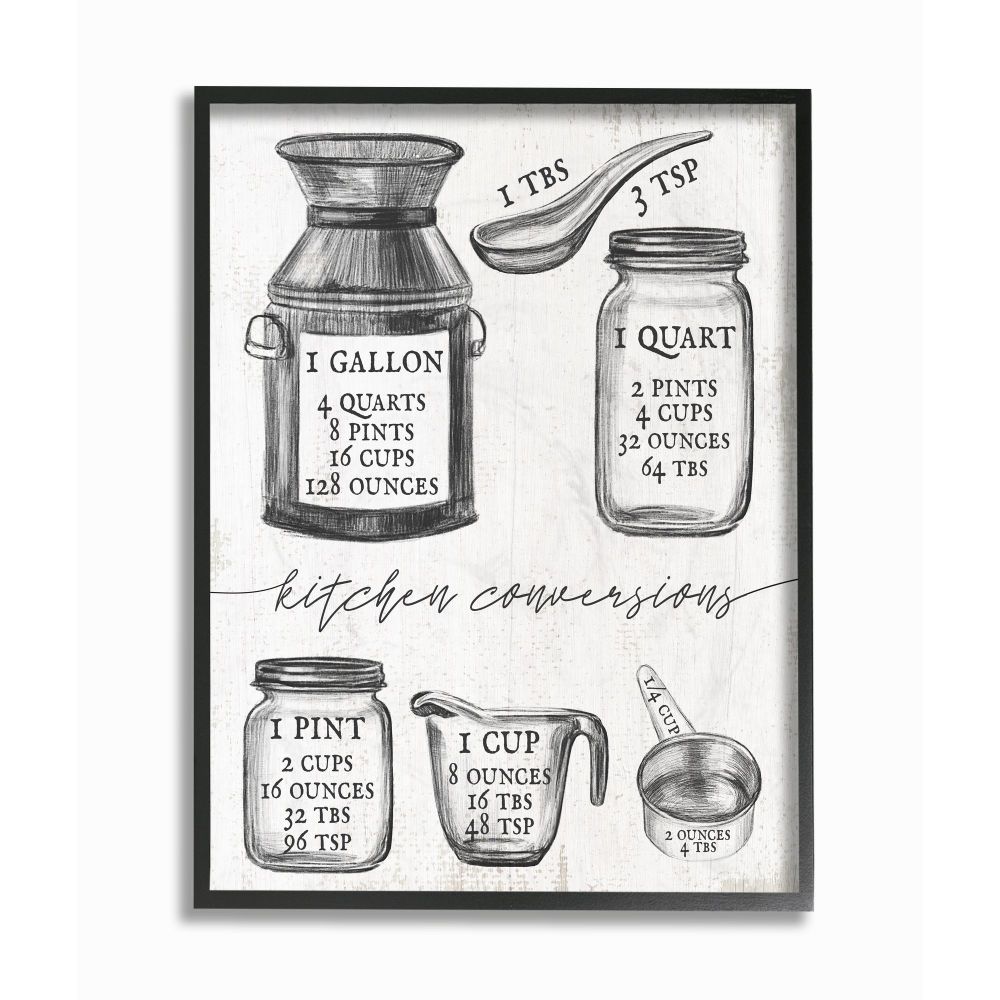 Stupell Industries KWP-2127-FR-11X14 Kitchen Conversion Chart Neutral Grey Word Drawing Design Daphne Polselli Black Framed Wood Framed 14-in H x 11-in W Abstract Print