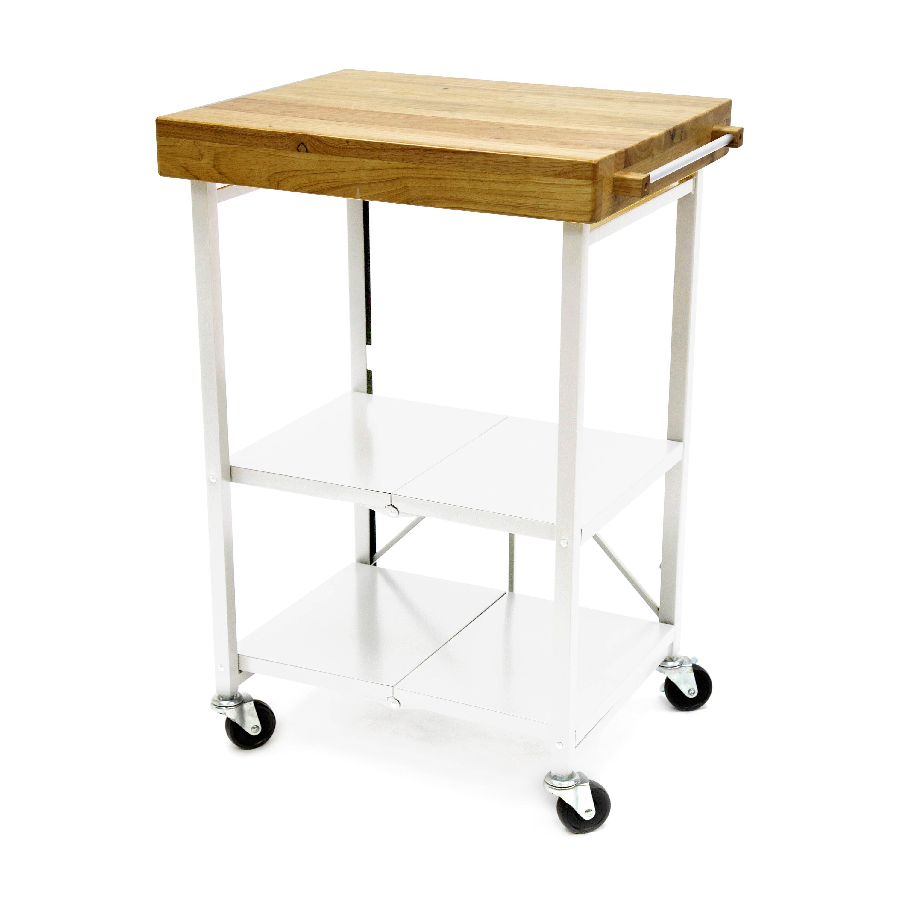 Origami 103953 The Foldable Wheeled Kitchen Island Cart offers extra space with a foldable design for easy storage. Its durable frame wood top and portability make it a stylish practical addition to any home.