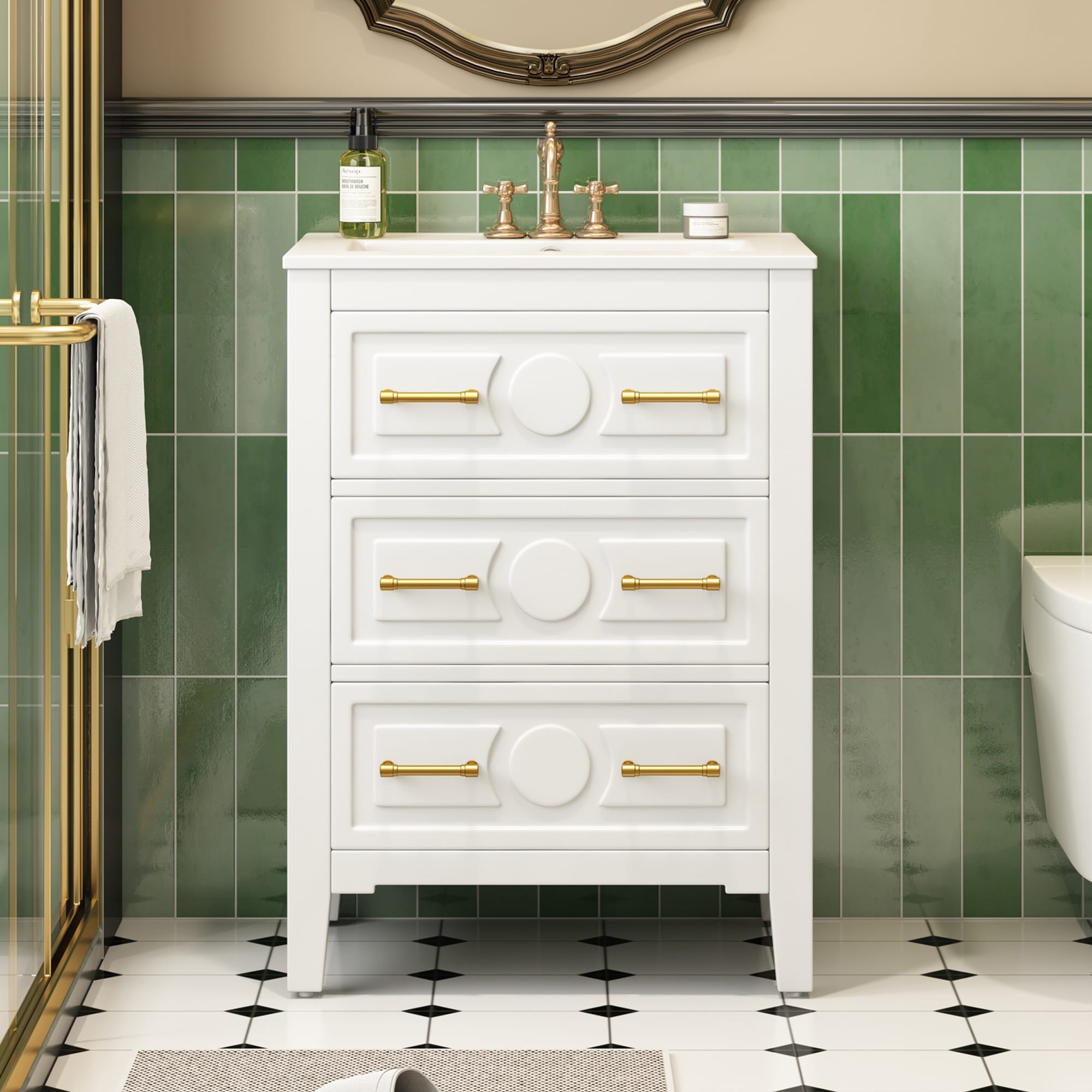 GDFStudio Oakmont 24 in. Freestanding Bathroom Vanity with Ceramic Sink and Triple Drawer Storage - White