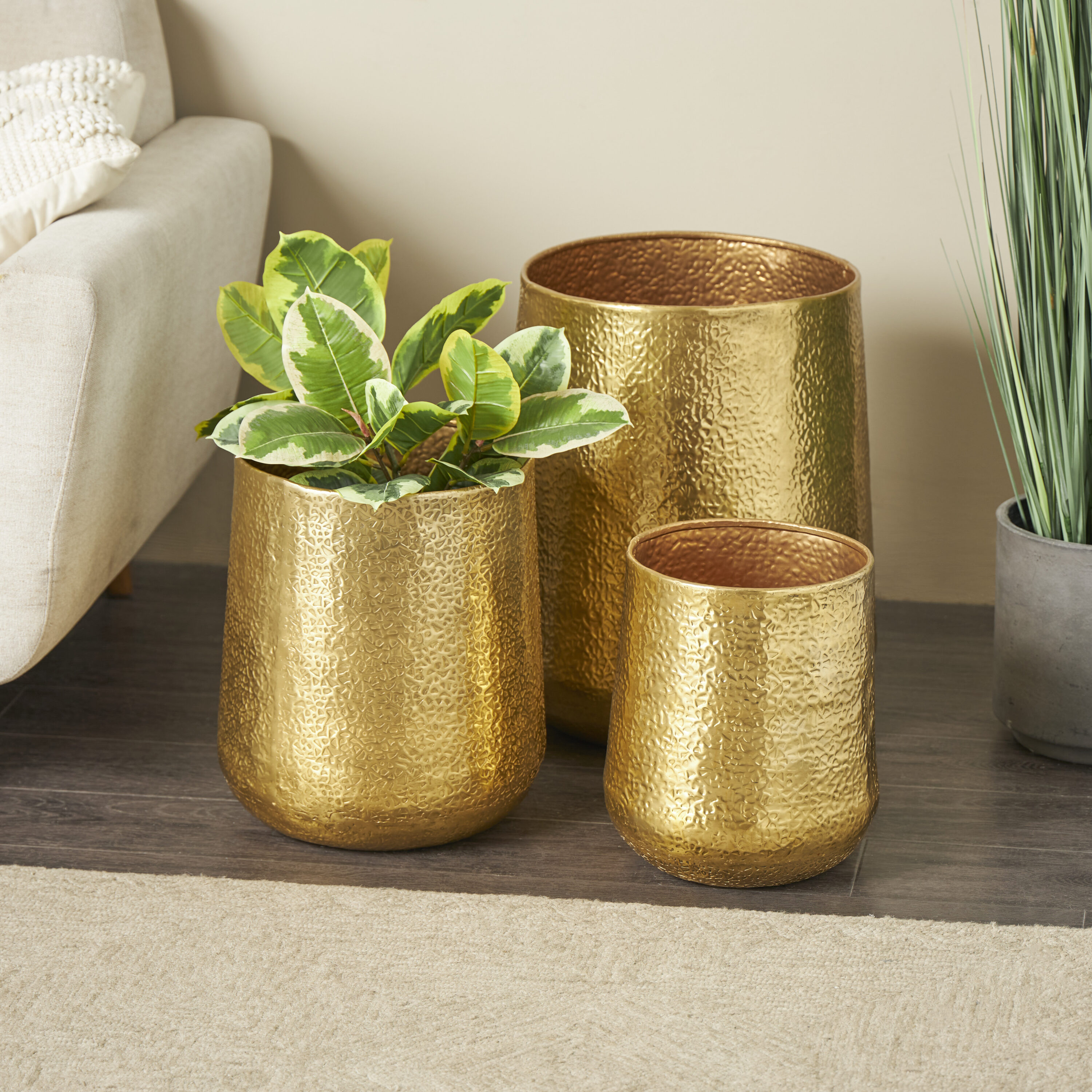 Gold Hammered Aluminum Indoor Outdoor Planter Set of 3