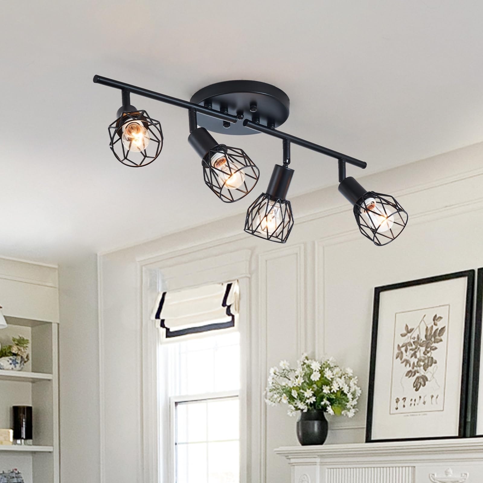 Lukvuzo  4 Light Track Lighting Kit Adjustable Multi Directional Ceiling Mount Black Wire Cage Farmhouse Fixture for Kitchen Dining Hallway Bedroom