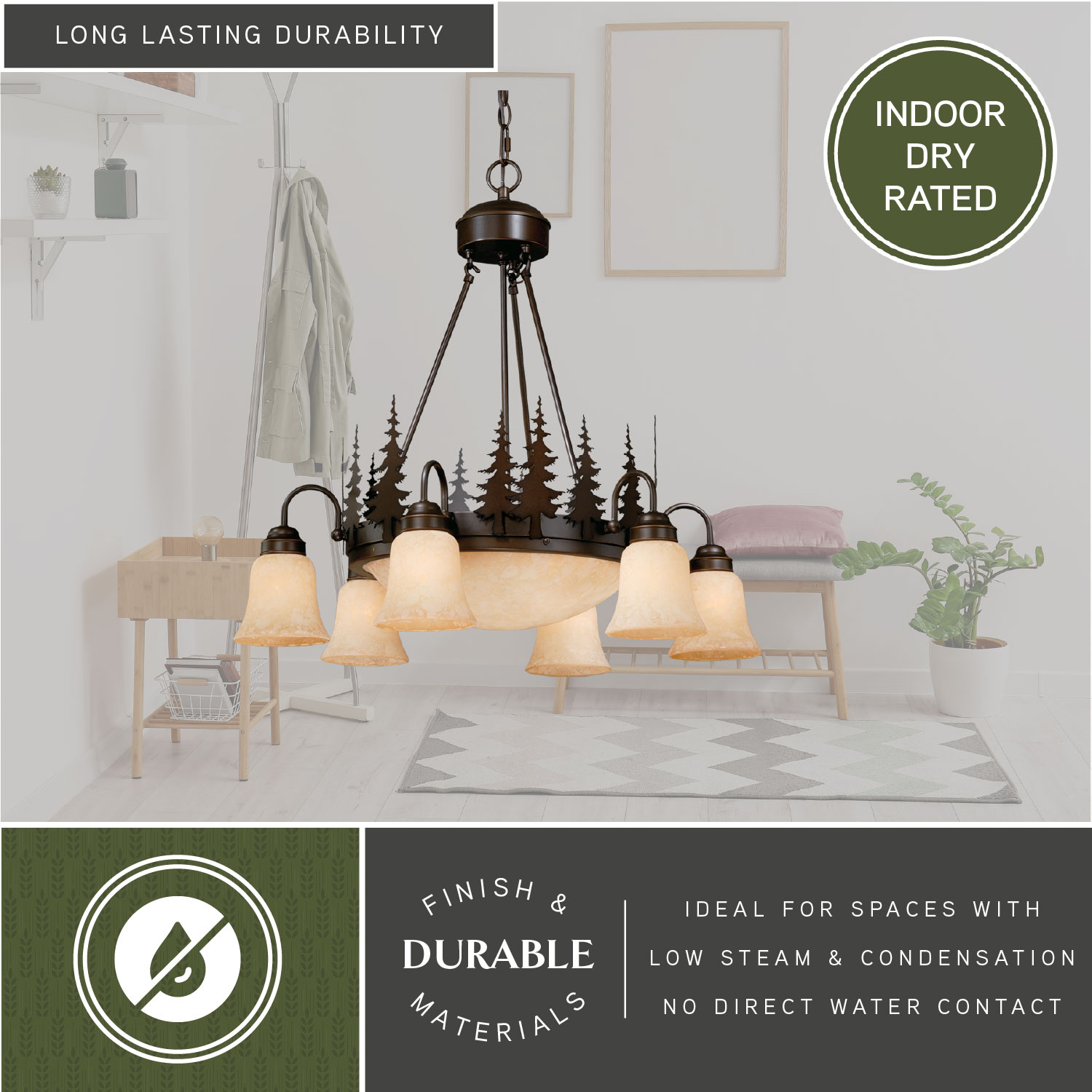 Yosemite Rustic Bronze Tree Silhouette Chandelier with Amber Flake Glass