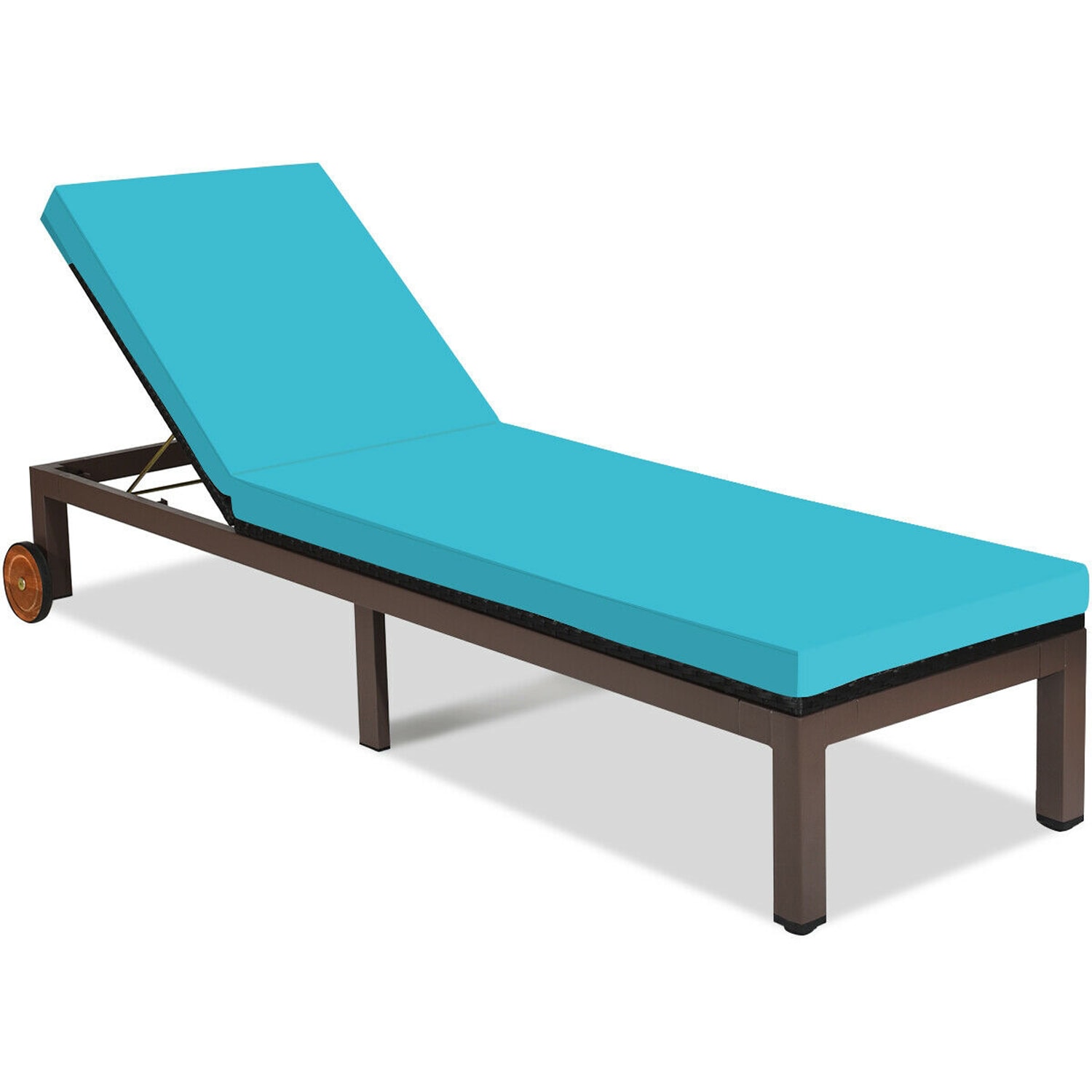 WELLFOR DOJN70334GN Rattan Brown Metal Frame Stationary Chaise Lounge Chair with Blue Cushioned Seat