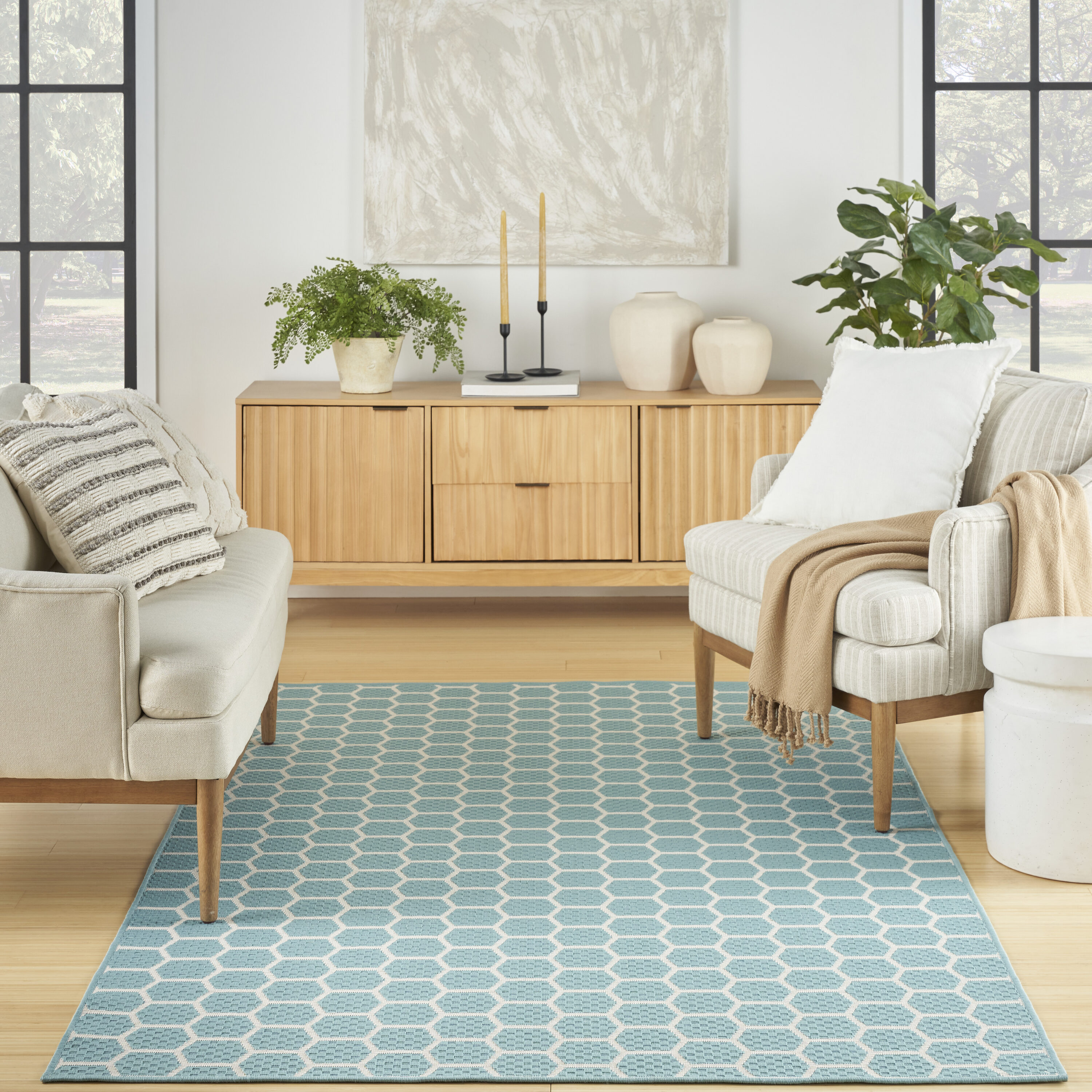 Nourison Home 099446973801 5 x 7 (ft) Polyester/Polypropylene Aqua Rectangular Indoor/Outdoor Geometric Area rug
