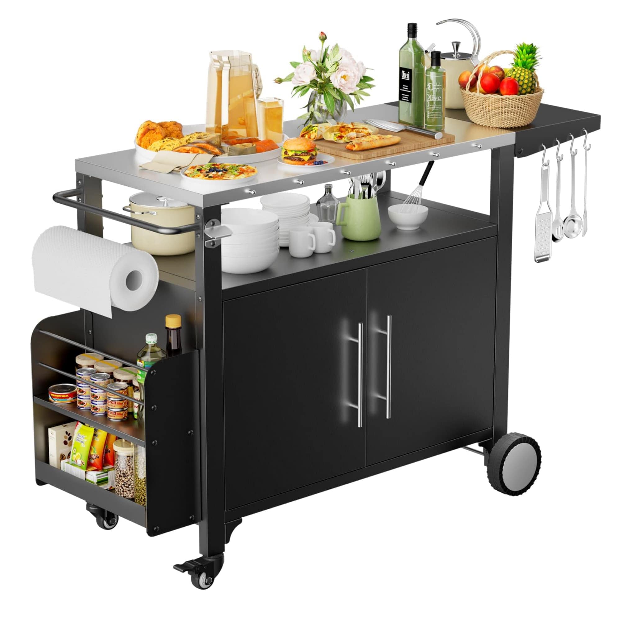 Runesay KI-28 Black MDF Base with MDF Metal Top Rolling Kitchen Island ( 18.1-in x 49.8-in x 35.5-in )