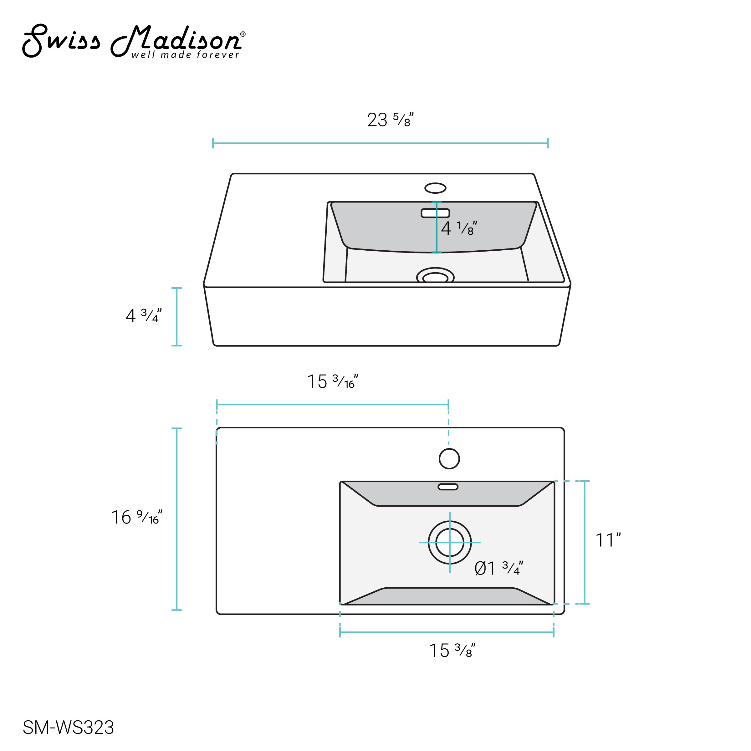 Swiss Madison St. Tropez White Ceramic Wall-mount Rectangular Modern Bathroom  Sink (23.62-in x 16.54-in) at