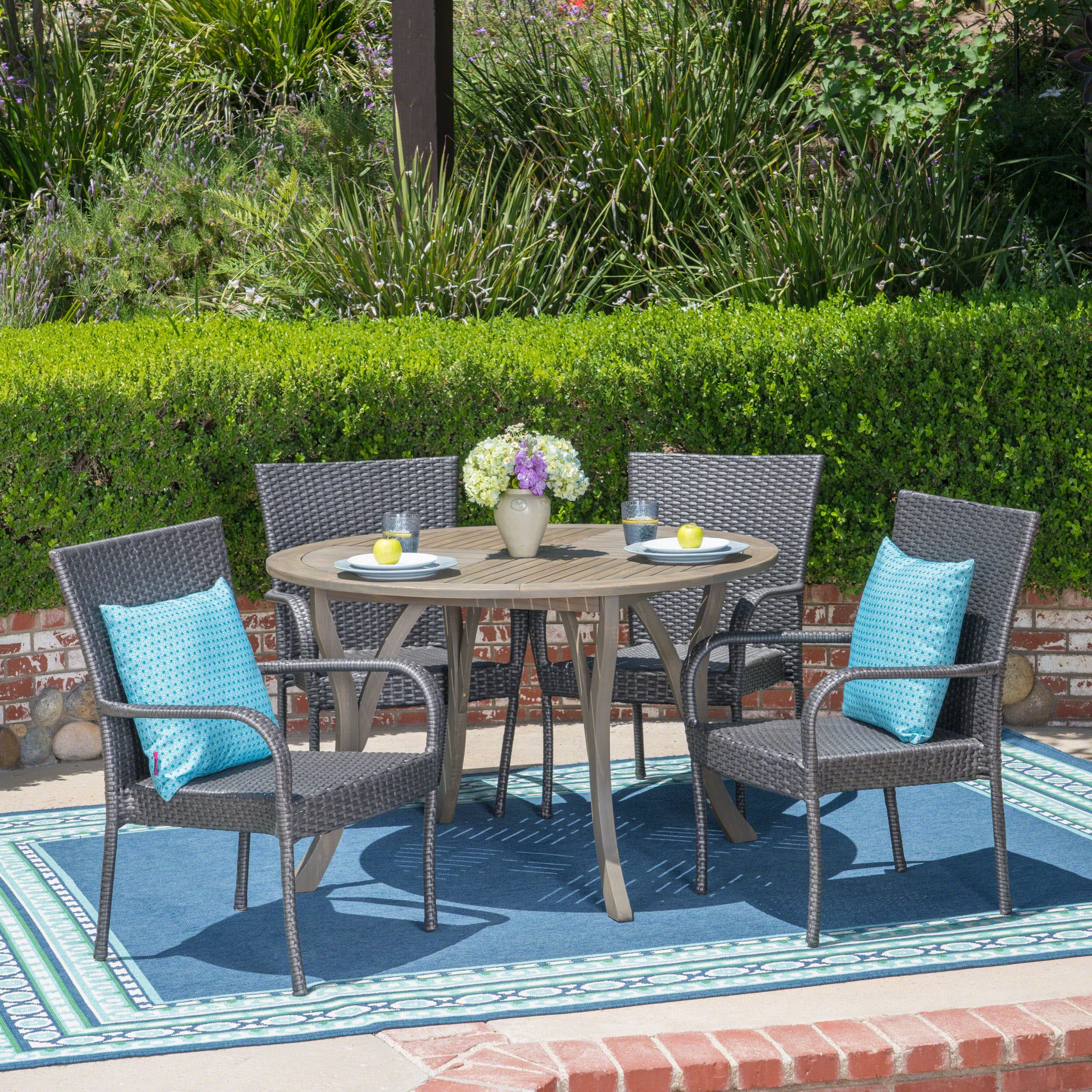 Christopher Knight Home 305017 Collins Outdoor 5 Piece Acacia Wood and Wicker Dining Set Gray with Gray Chairs